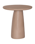 Lantara side table in nomad dune with tapered sculptural base and rounded top shown in a clean minimal setting.