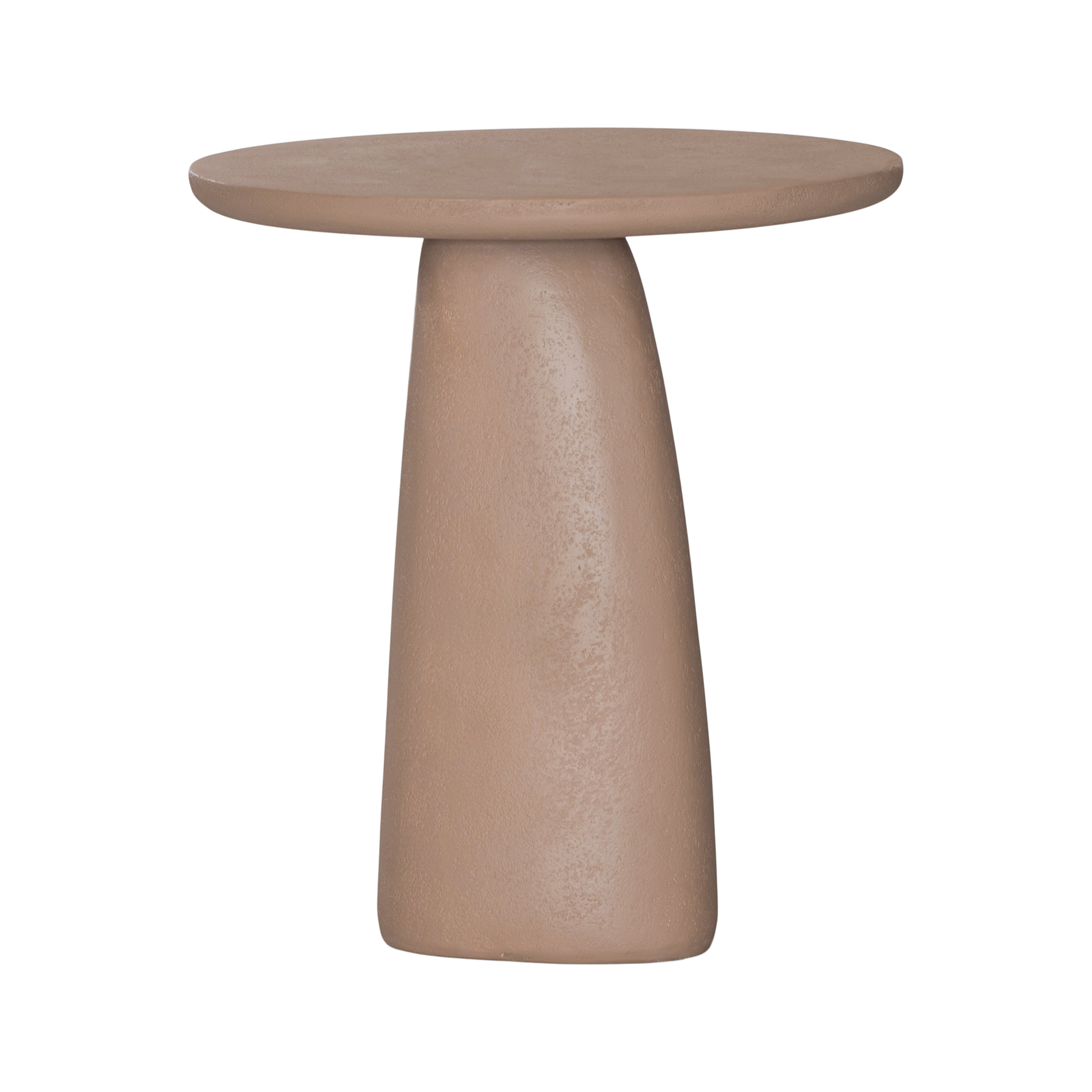 Lantara side table in nomad dune with tapered sculptural base and rounded top shown in a clean minimal setting.