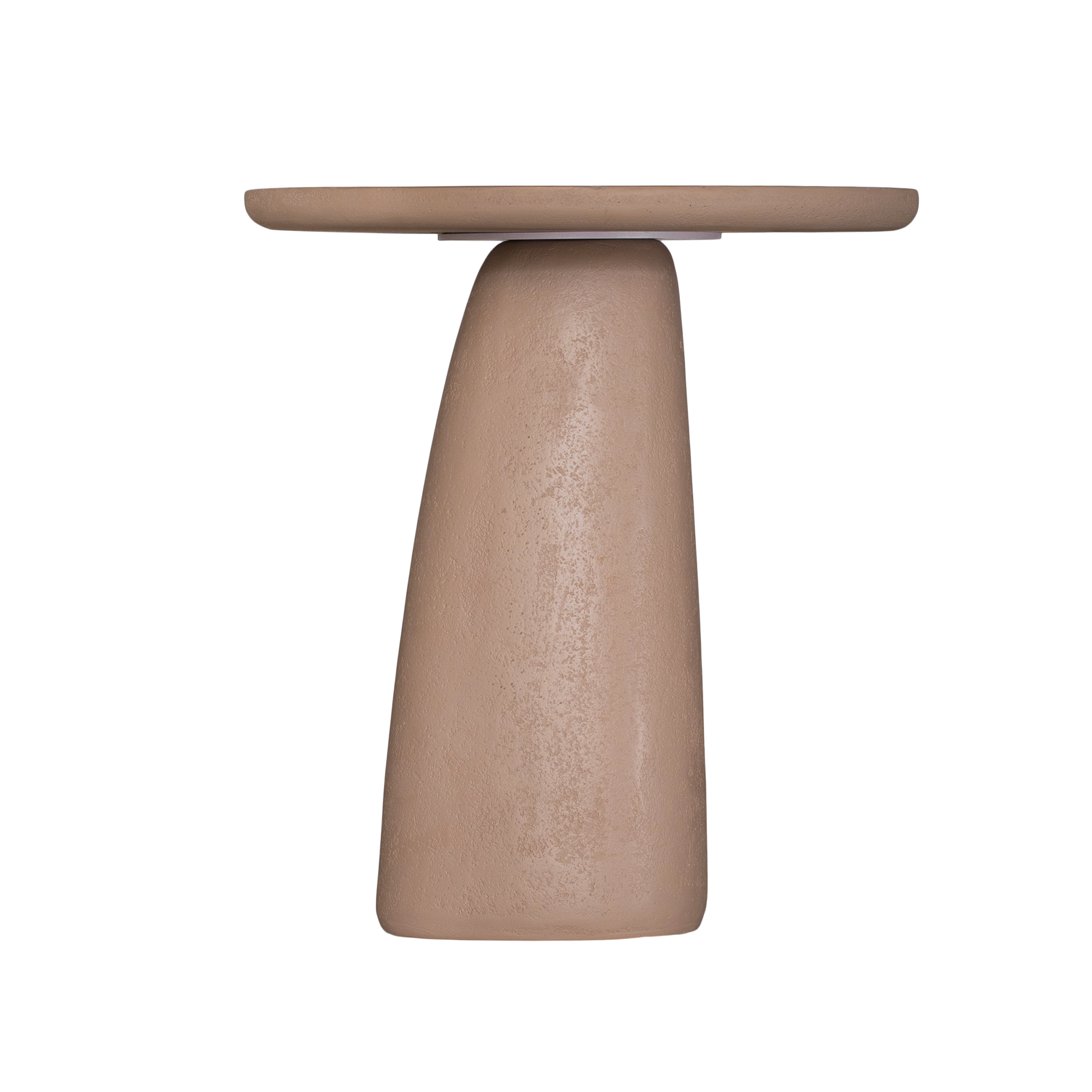 Lantara side table in nomad dune with tapered sculptural base and rounded top shown in a clean minimal setting.