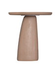 Lantara side table in nomad dune with tapered sculptural base and rounded top shown in a clean minimal setting.
