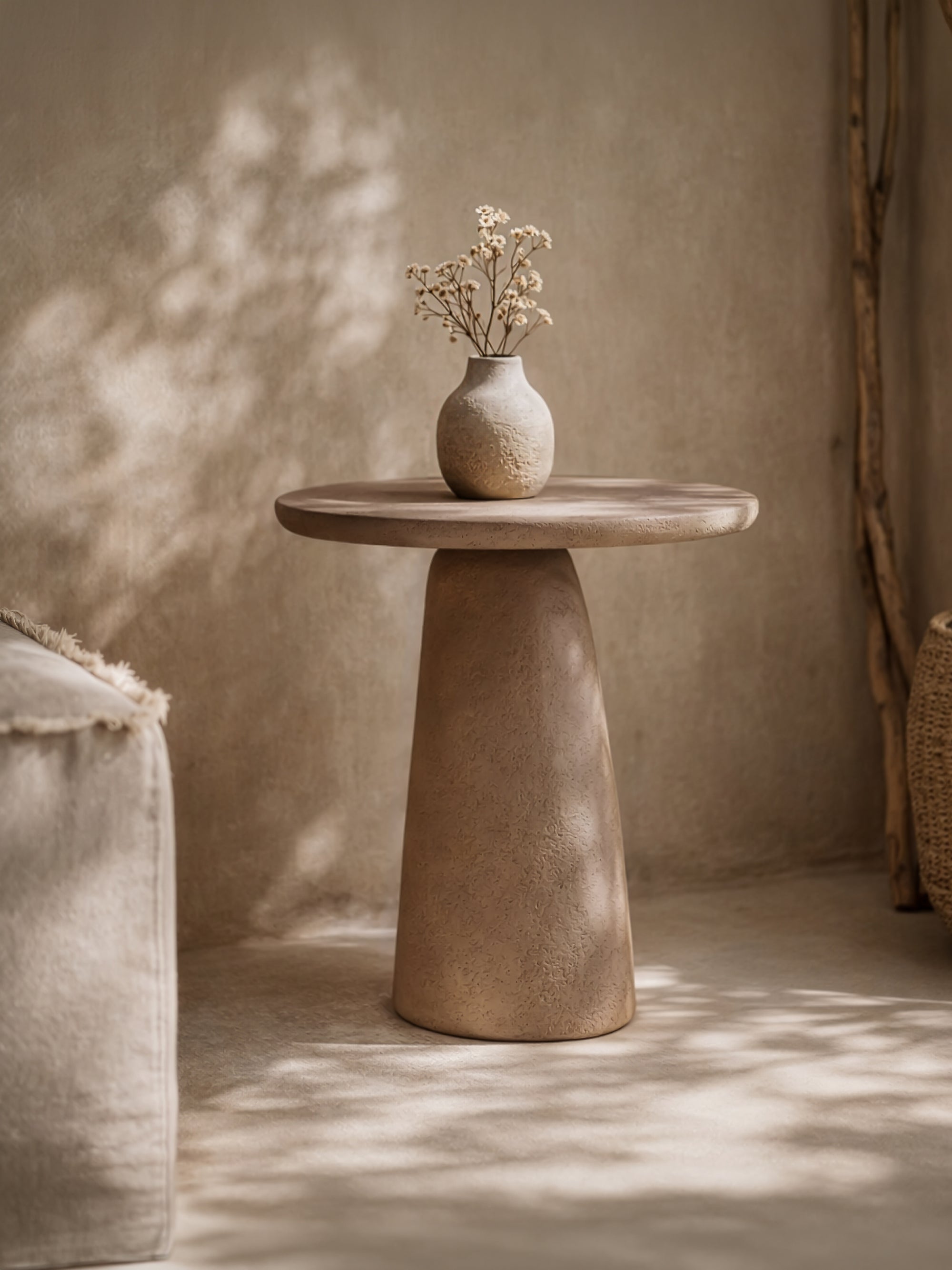 Lantara side table in nomad dune finish styled with a ceramic vase in a warm neutral interior setting.