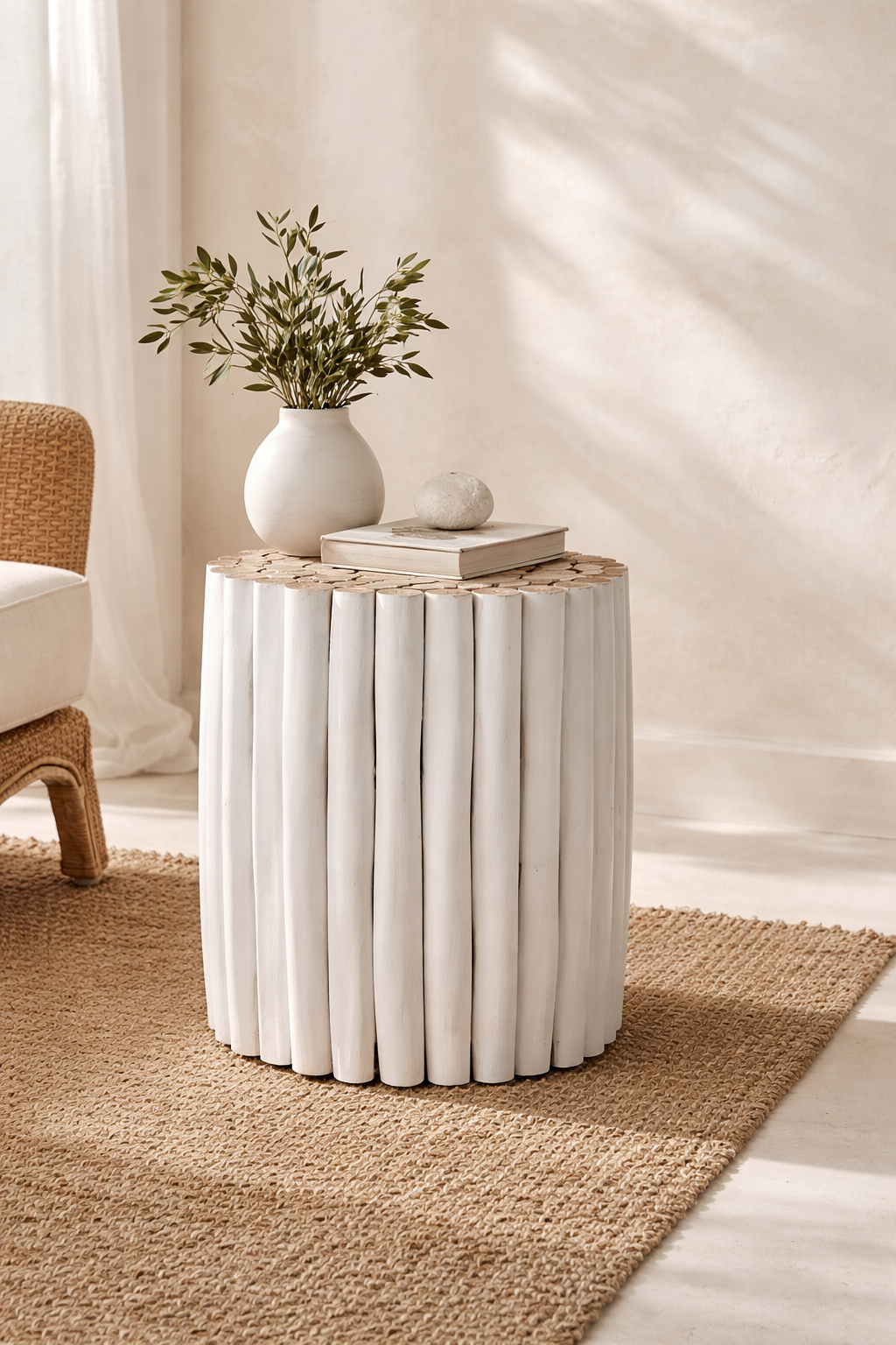 Latte white side table with sculptural fluted form styled on a woven rug in a calm modern organic interior