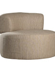 A contemporary latte upholstered lounge chair with a low-profile design and curved backrest. This modern, armless seating piece features a smooth, rounded silhouette, making it a stylish and comfortable addition to any living space