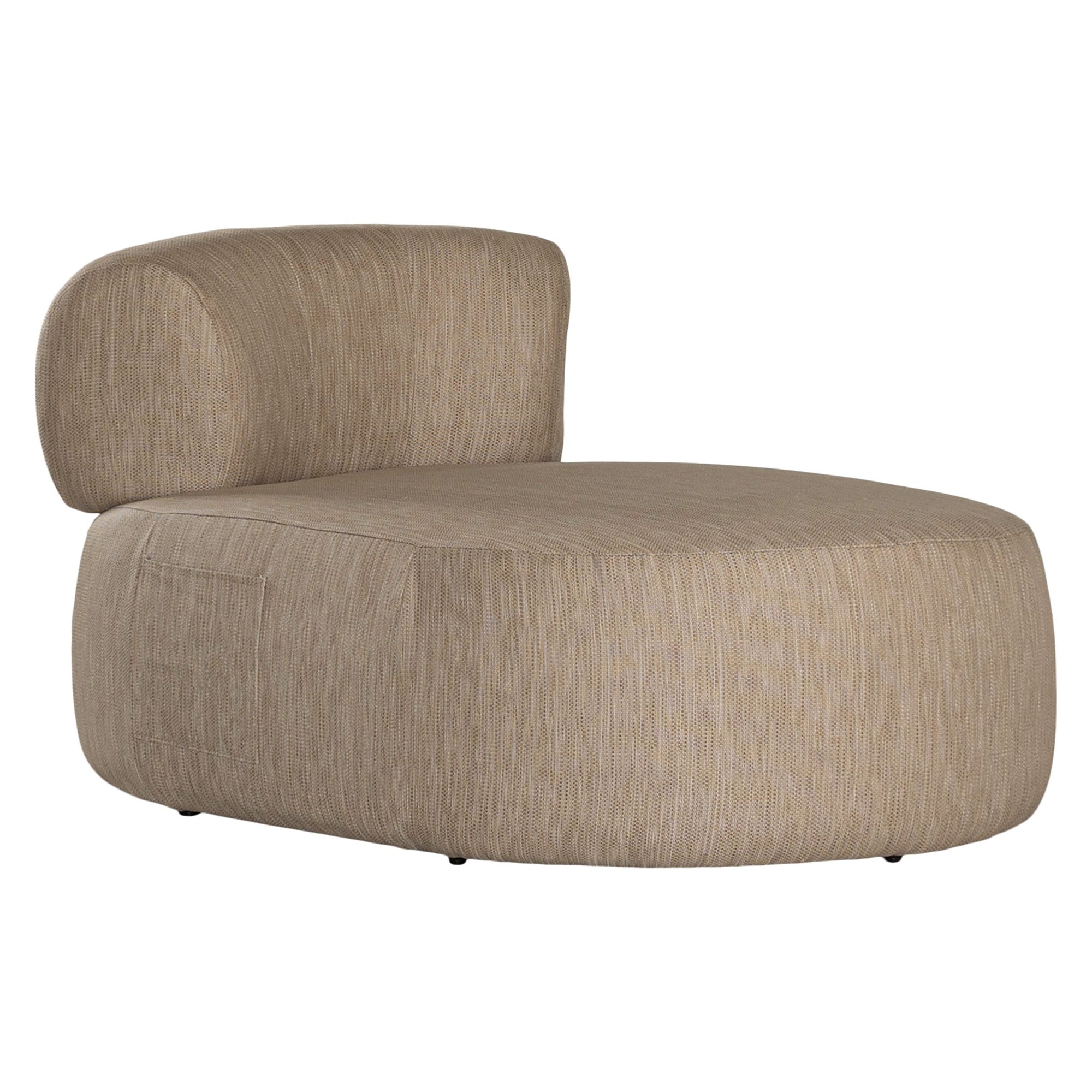 A contemporary taupe upholstered lounge chair with a low-profile design and curved backrest. This modern, armless seating piece features a smooth, rounded silhouette, making it a stylish and comfortable addition to any living space