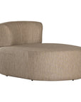 A contemporary taupe upholstered lounge chair with a low-profile design and curved backrest. This modern, armless seating piece features a smooth, rounded silhouette, making it a stylish and comfortable addition to any living space