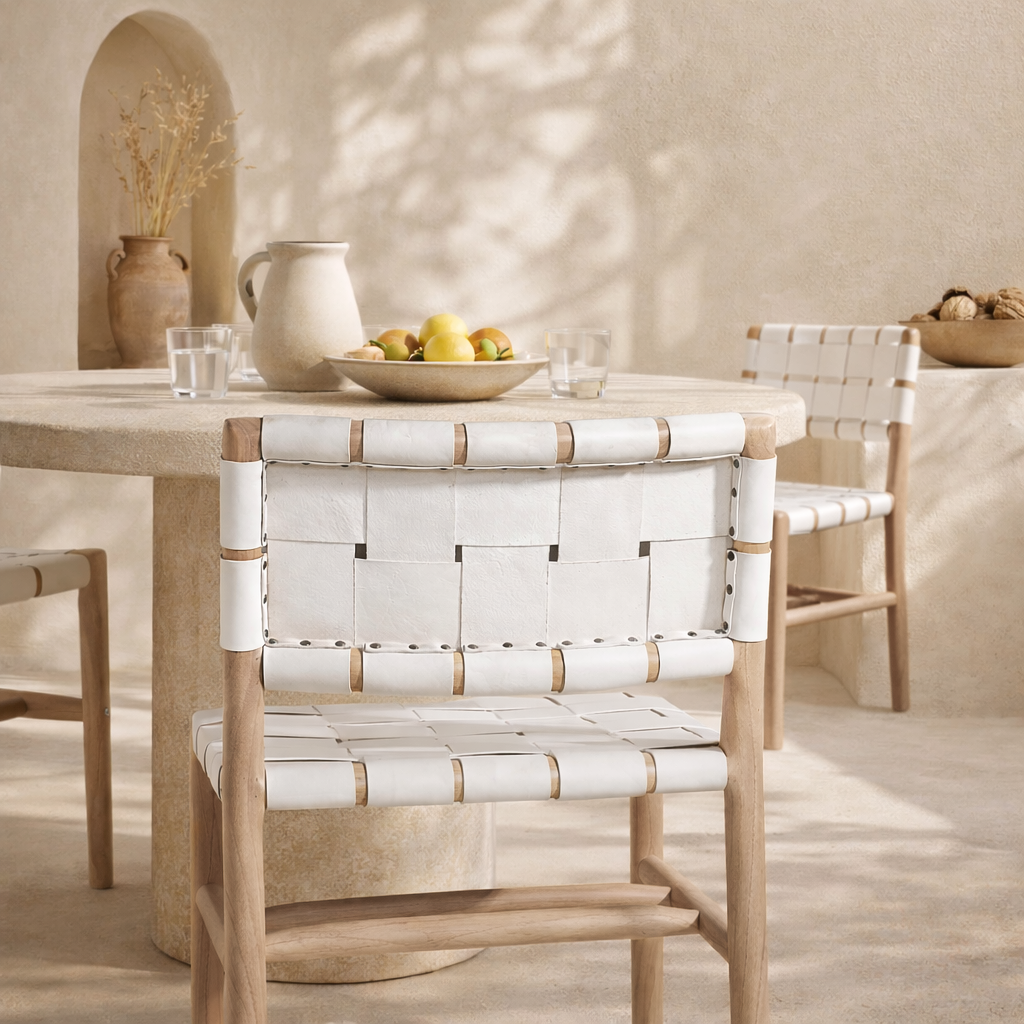 Lazzy dining chair with natural timber frame and white woven leather seat in a warm mediterranean inspired setting