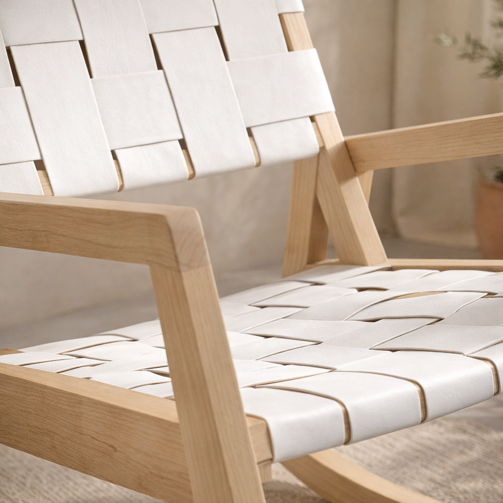 Lazzy rocking chair with natural timber frame and white woven seat, styled in a calm sunlit interior with soft neutral decor and textured finishes.
