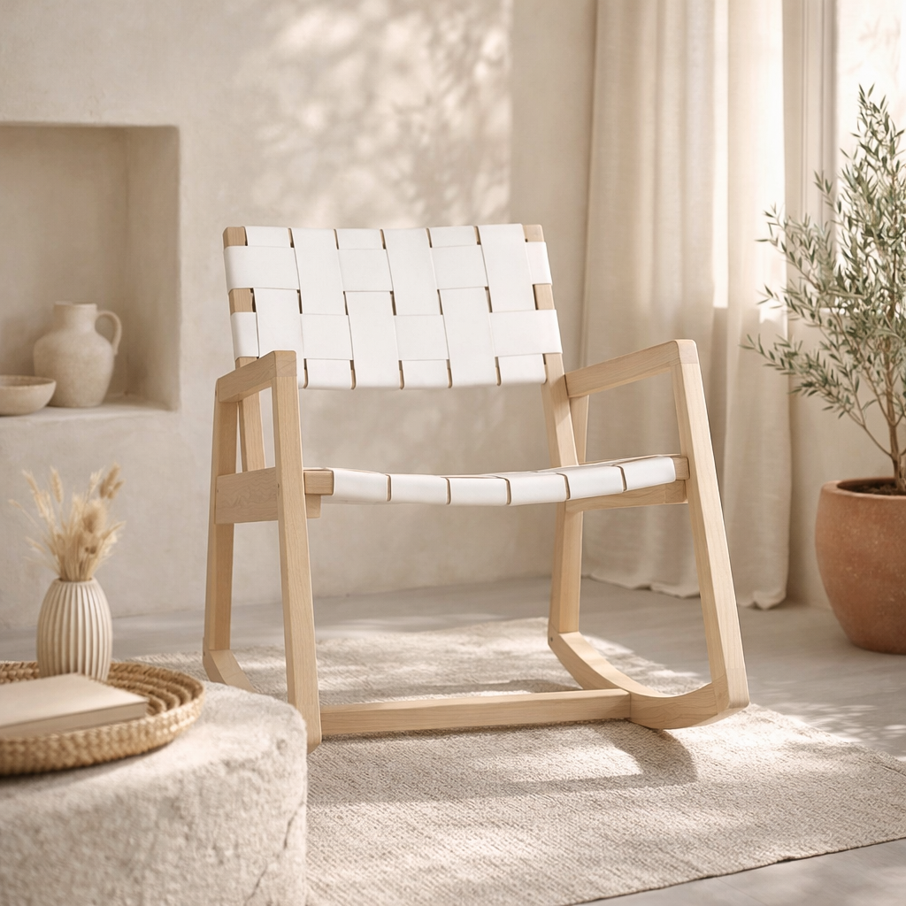 Lazzy rocking chair with natural timber frame and white woven seat, styled in a calm sunlit interior with soft neutral decor and textured finishes.