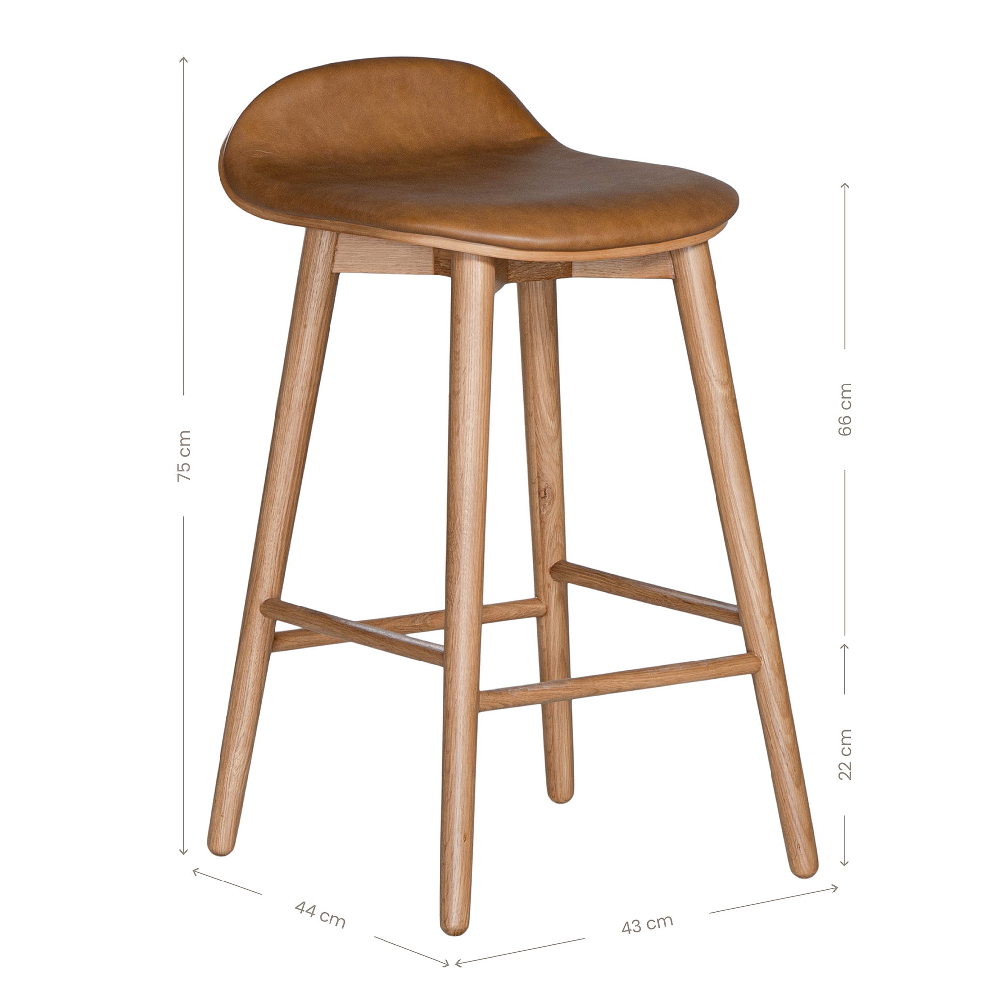 A stylish bar stool featuring a smooth tan leather seat and a sturdy natural oak frame. Designed with comfort and durability in mind, this contemporary stool is perfect for modern kitchens and dining spaces.