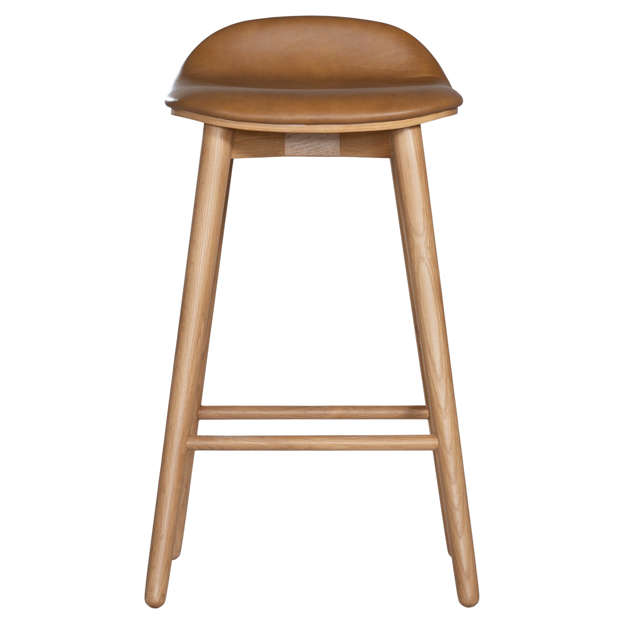 A stylish bar stool featuring a smooth tan leather seat and a sturdy natural oak frame. Designed with comfort and durability in mind, this contemporary stool is perfect for modern kitchens and dining spaces.