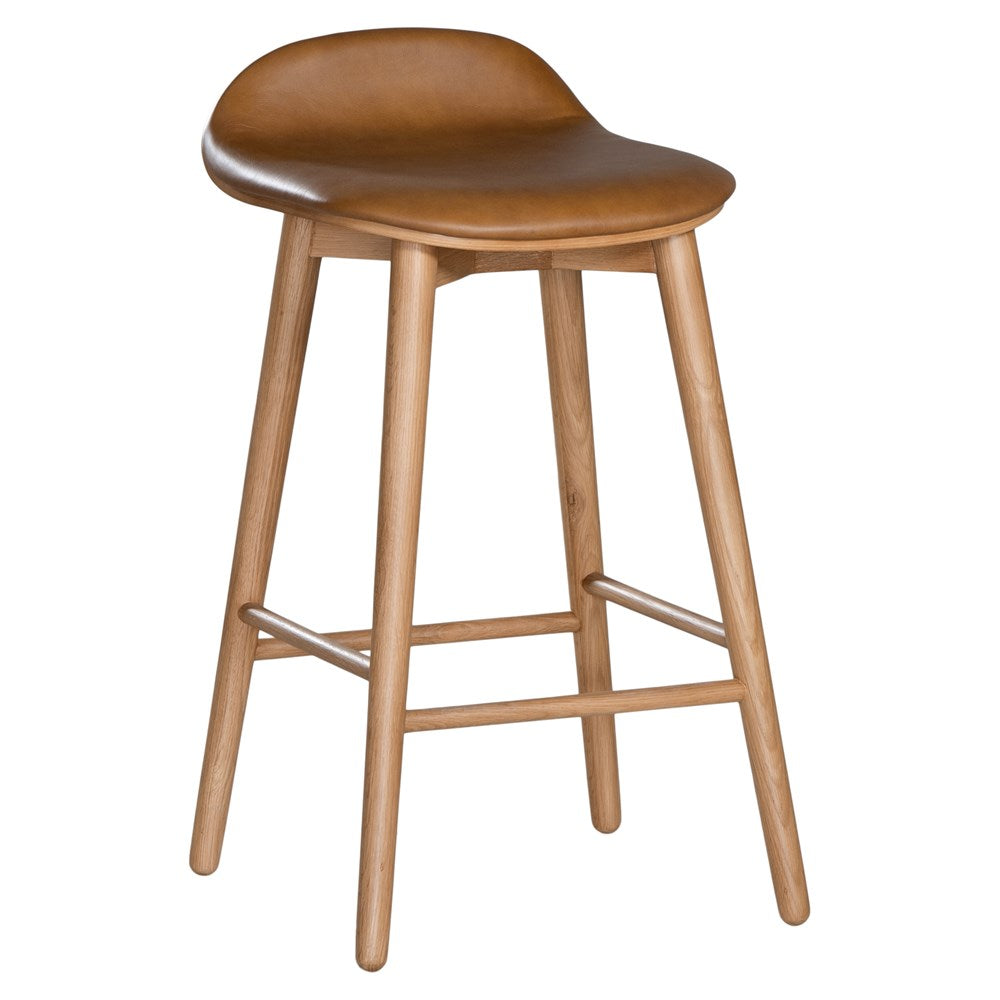 A stylish bar stool featuring a smooth tan leather seat and a sturdy natural oak frame. Designed with comfort and durability in mind, this contemporary stool is perfect for modern kitchens and dining spaces.