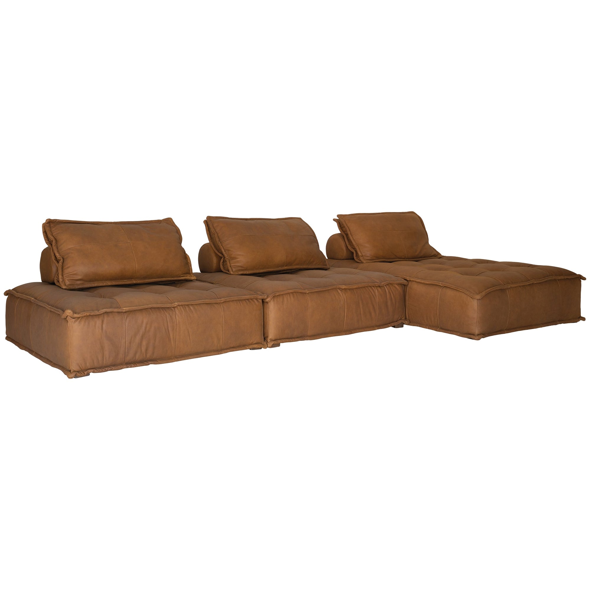 A stylish leather modular sofa with a low-profile design and plush cushioning, offering a relaxed and contemporary seating option for modern interiors