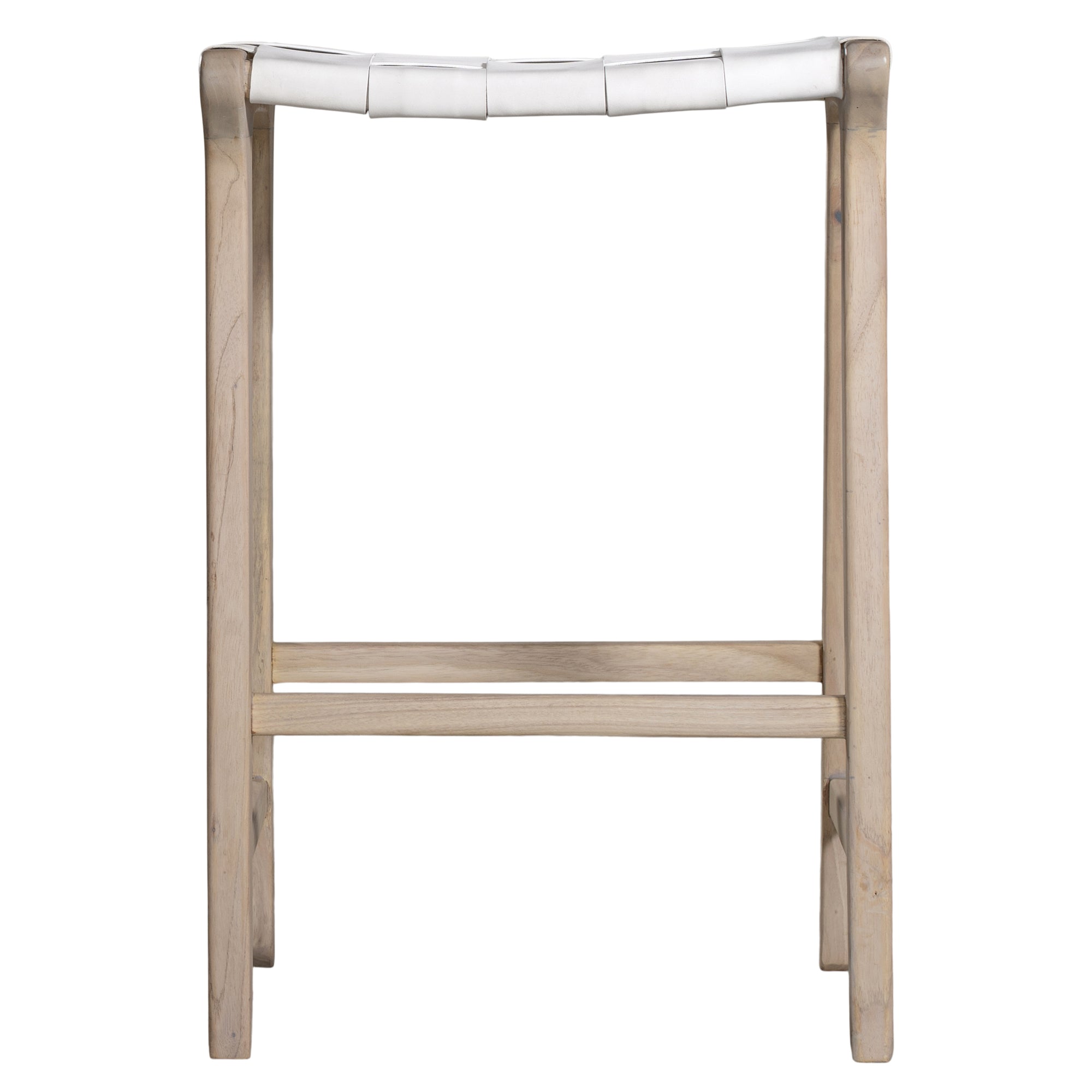 The Kulala Living Leather Weave Bar Stool features a handwoven white leather seat atop a natural timber frame, offering a refined yet relaxed aesthetic. The curved seat and sturdy construction provide both style and comfort, making it a perfect addition to modern coastal and contemporary interiors