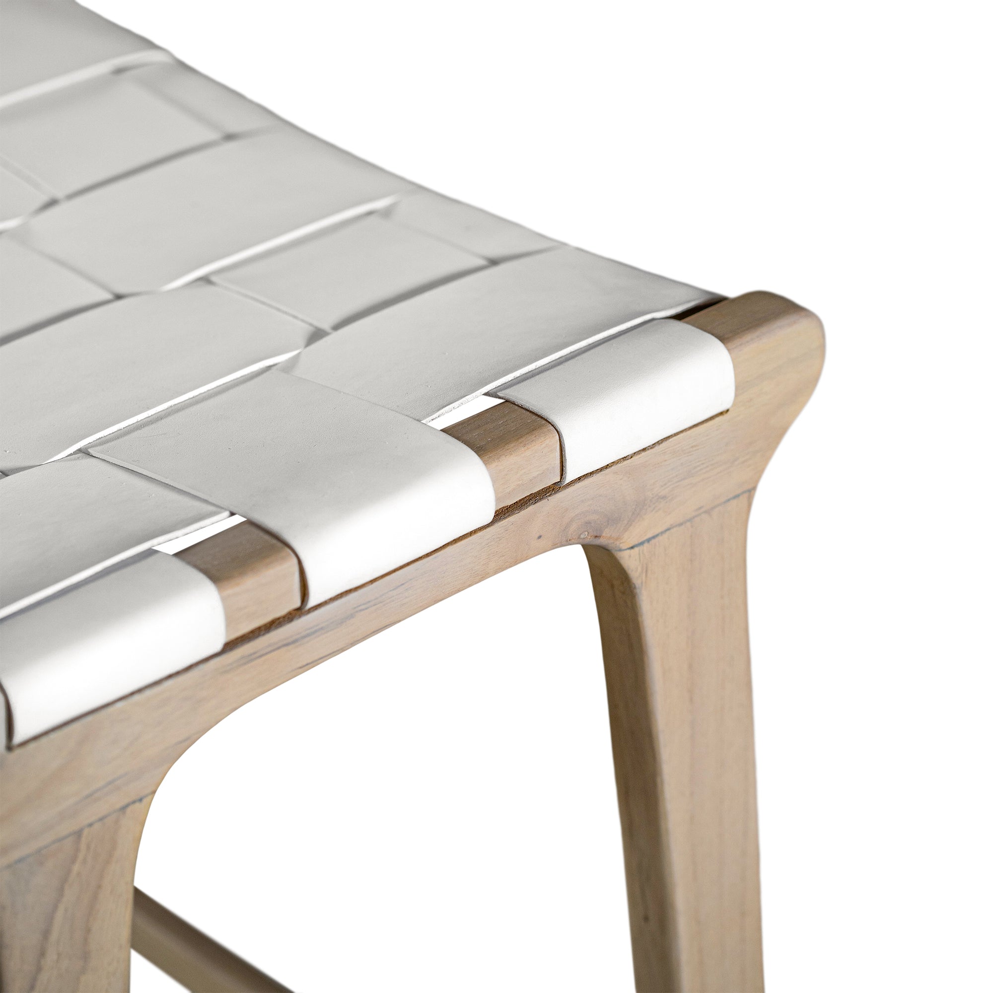 The Kulala Living Leather Weave Bar Stool features a handwoven white leather seat atop a natural timber frame, offering a refined yet relaxed aesthetic. The curved seat and sturdy construction provide both style and comfort, making it a perfect addition to modern coastal and contemporary interiors