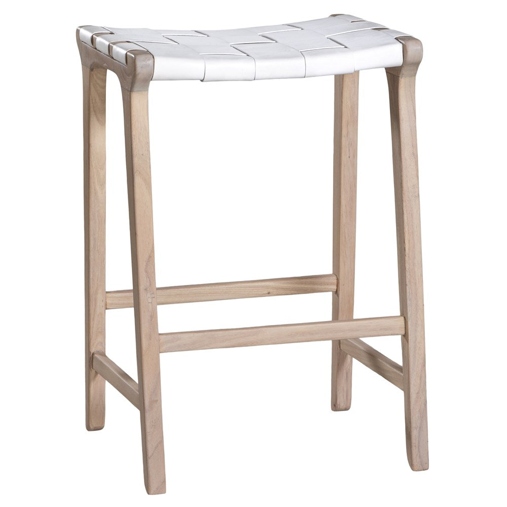The Kulala Living Leather Weave Bar Stool features a handwoven white leather seat atop a natural timber frame, offering a refined yet relaxed aesthetic. The curved seat and sturdy construction provide both style and comfort, making it a perfect addition to modern coastal and contemporary interiors
