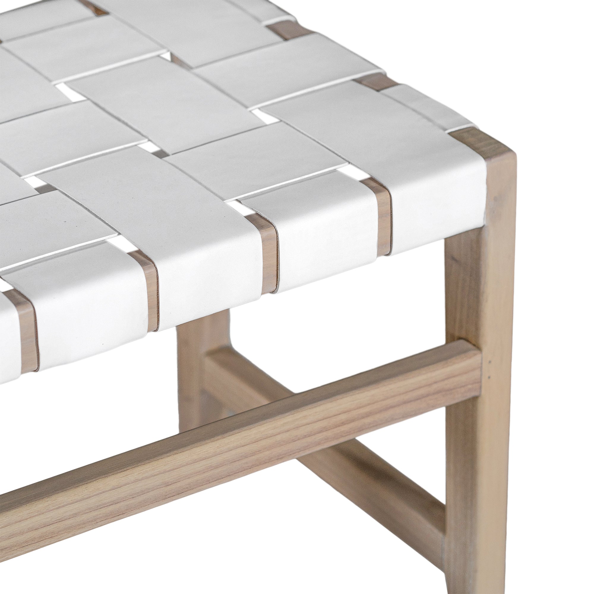 The Kulala Living Leather Weave Bench features a handwoven white leather seat set on a natural timber frame, blending contemporary craftsmanship with organic materials. Its elongated design makes it a stylish and functional seating option for dining areas, entryways, or bedroom spaces.
