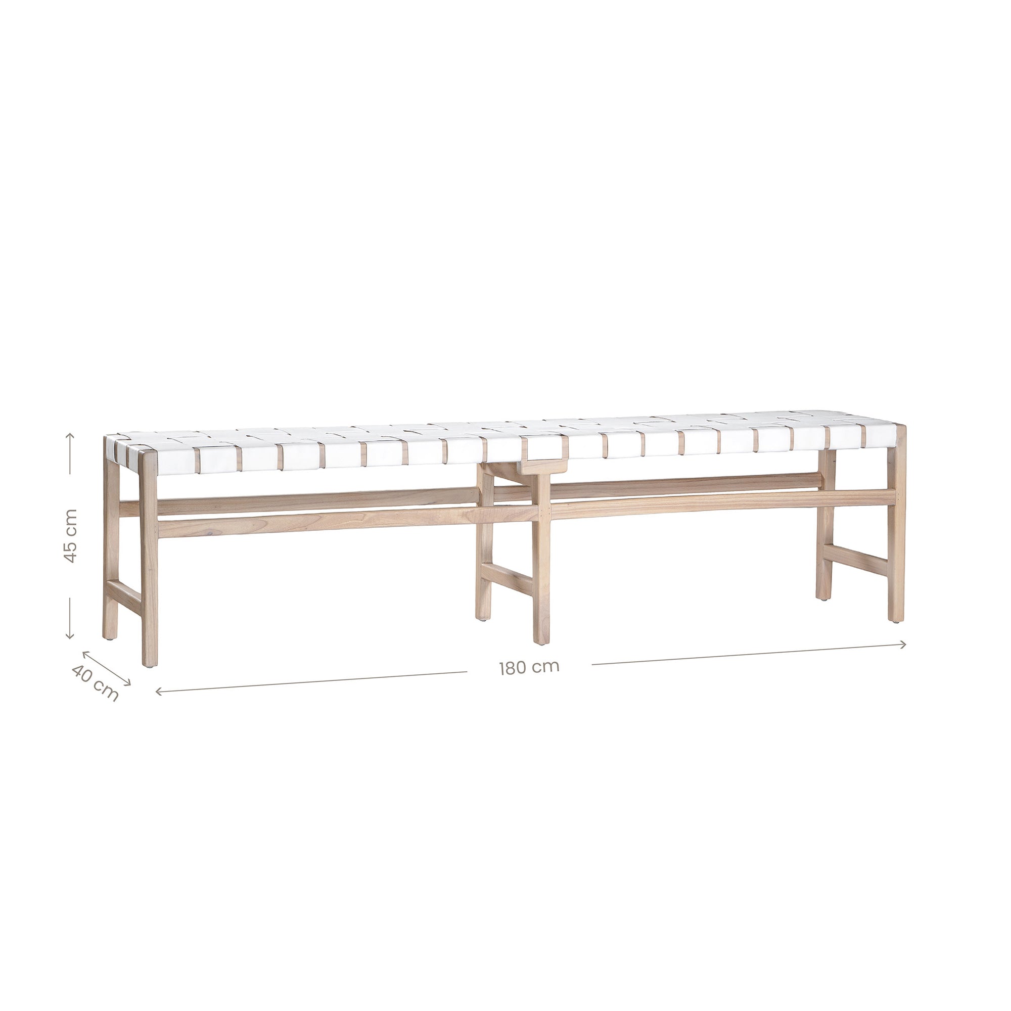 The Kulala Living Leather Weave Bench features a handwoven white leather seat set on a natural timber frame, blending contemporary craftsmanship with organic materials. Its elongated design makes it a stylish and functional seating option for dining areas, entryways, or bedroom spaces.