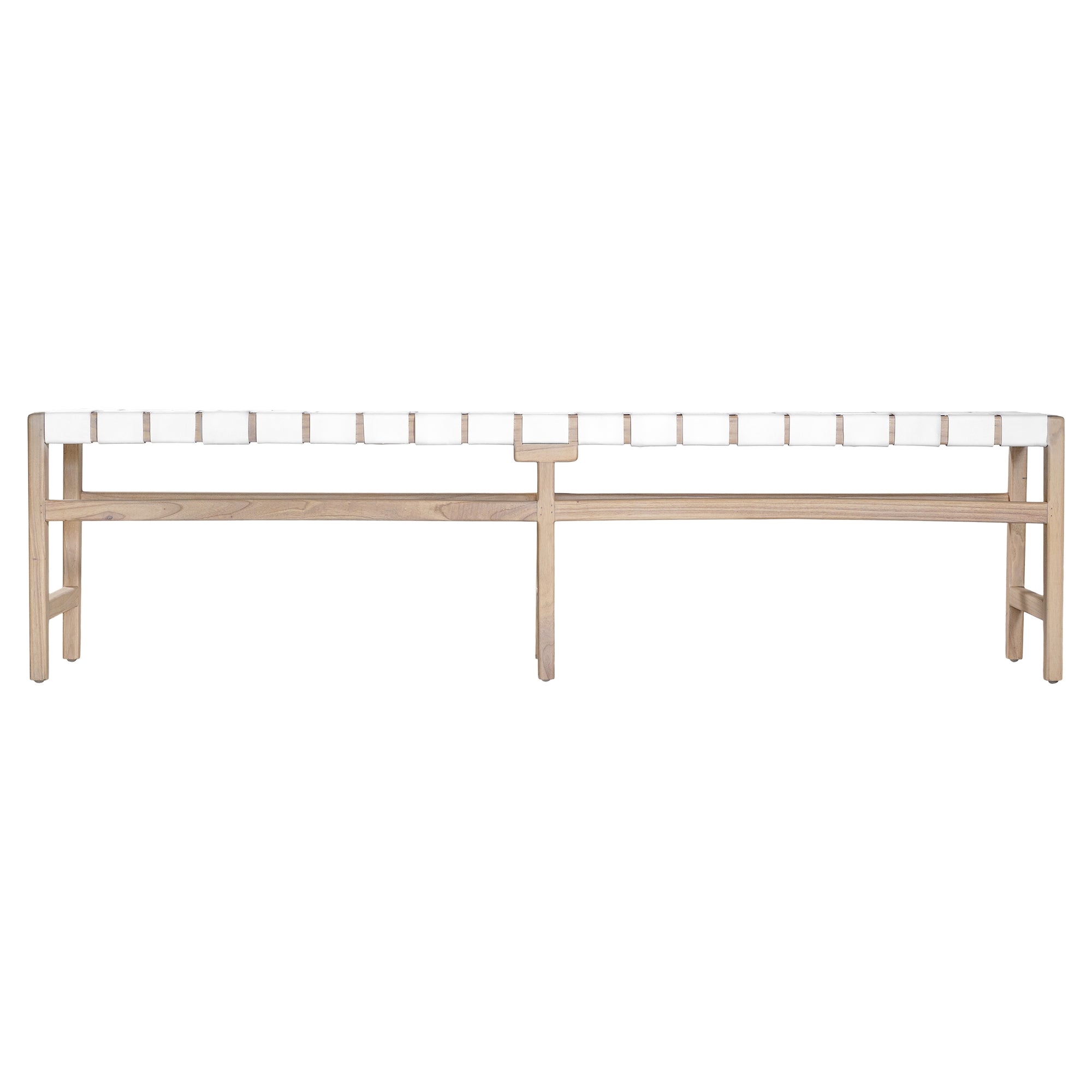 The Kulala Living Leather Weave Bench features a handwoven white leather seat set on a natural timber frame, blending contemporary craftsmanship with organic materials. Its elongated design makes it a stylish and functional seating option for dining areas, entryways, or bedroom spaces.