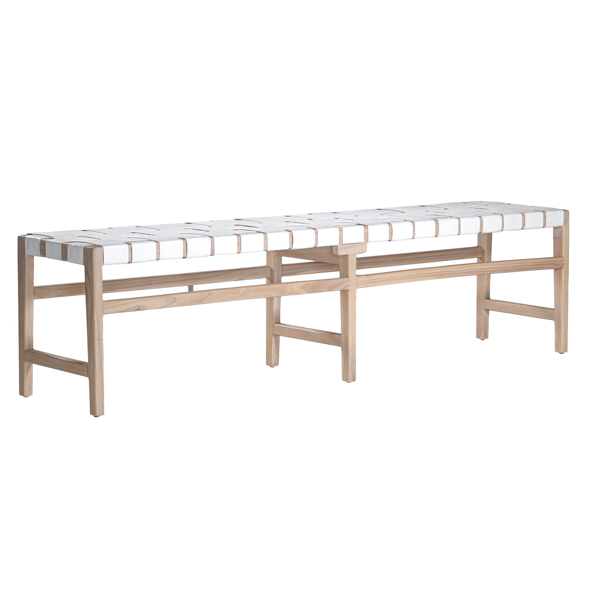 The Kulala Living Leather Weave Bench features a handwoven white leather seat set on a natural timber frame, blending contemporary craftsmanship with organic materials. Its elongated design makes it a stylish and functional seating option for dining areas, entryways, or bedroom spaces.