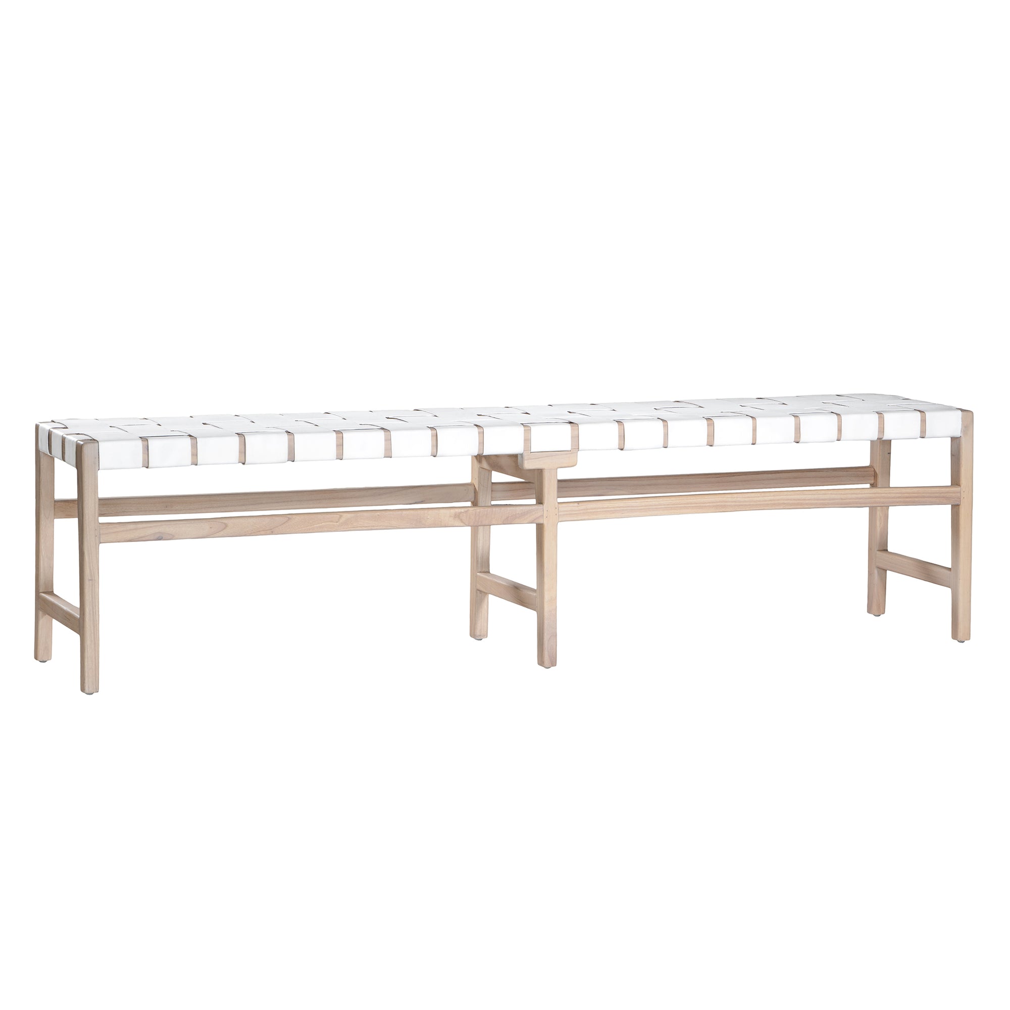 The Kulala Living Leather Weave Bench features a handwoven white leather seat set on a natural timber frame, blending contemporary craftsmanship with organic materials. Its elongated design makes it a stylish and functional seating option for dining areas, entryways, or bedroom spaces.