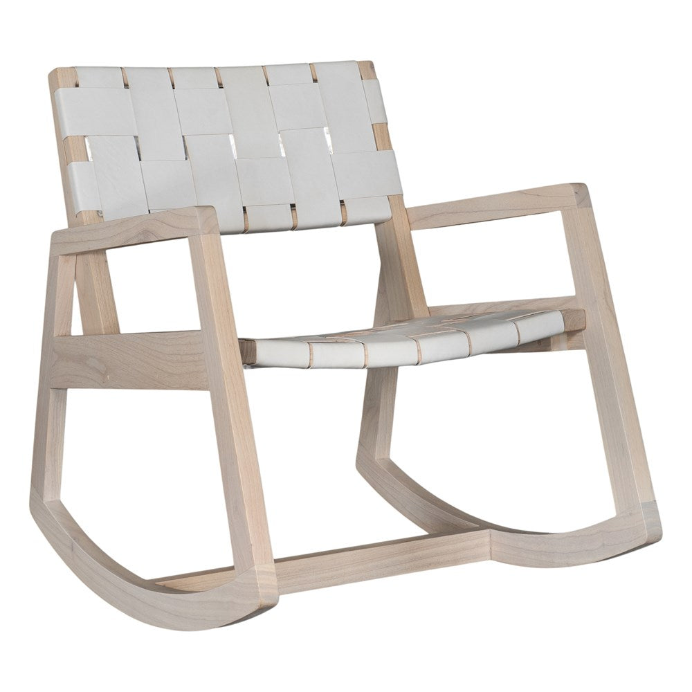 The Kulala Living Leather Weave Rocking Chair features a handwoven white leather seat and backrest, paired with a natural timber frame. Designed for comfort and style, this modern rocking chair brings a relaxed yet sophisticated touch to any interior space