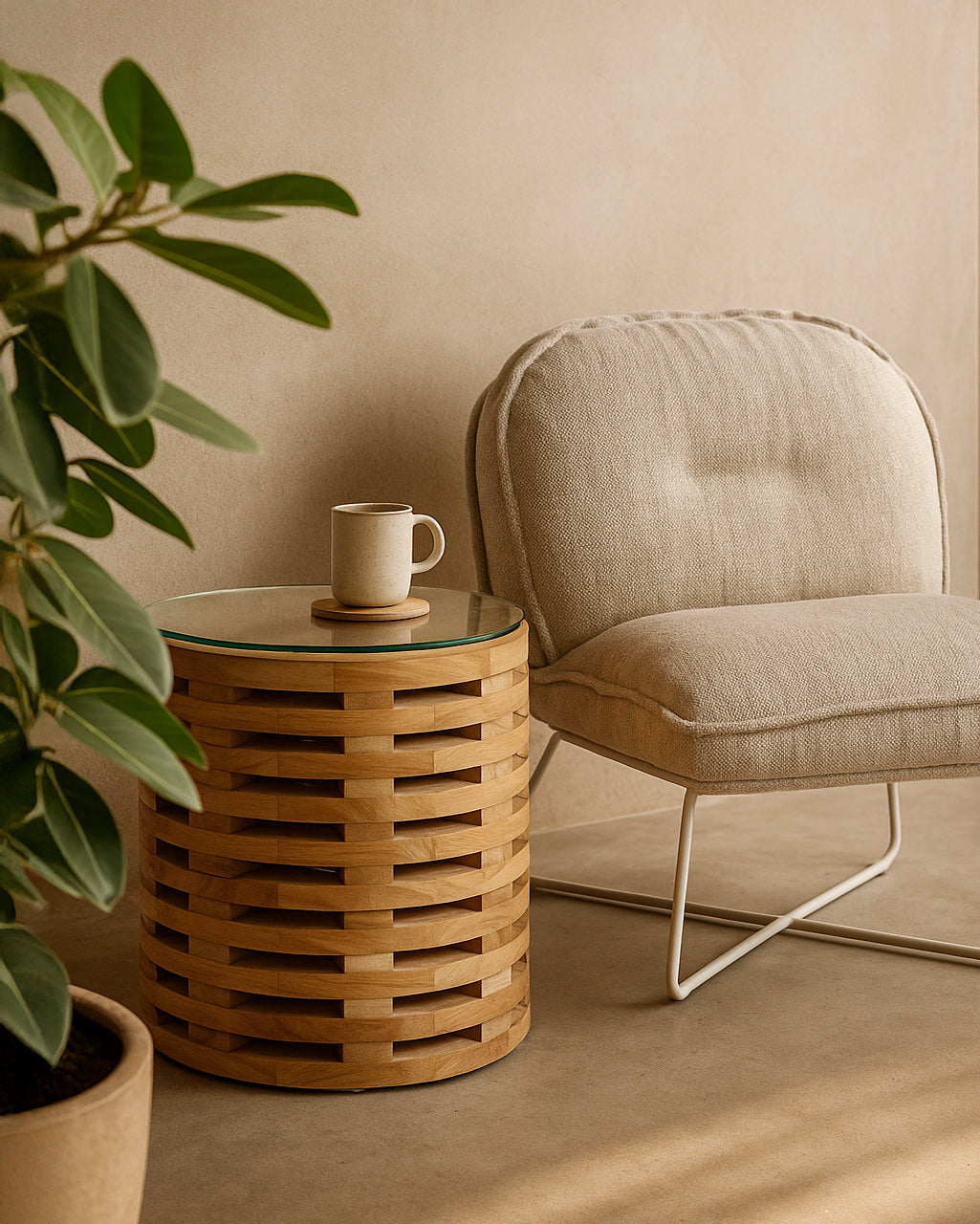 Lima Side Table crafted from oak with a round glass top styled beside a textured occasional chair in a modern neutral living room with natural light