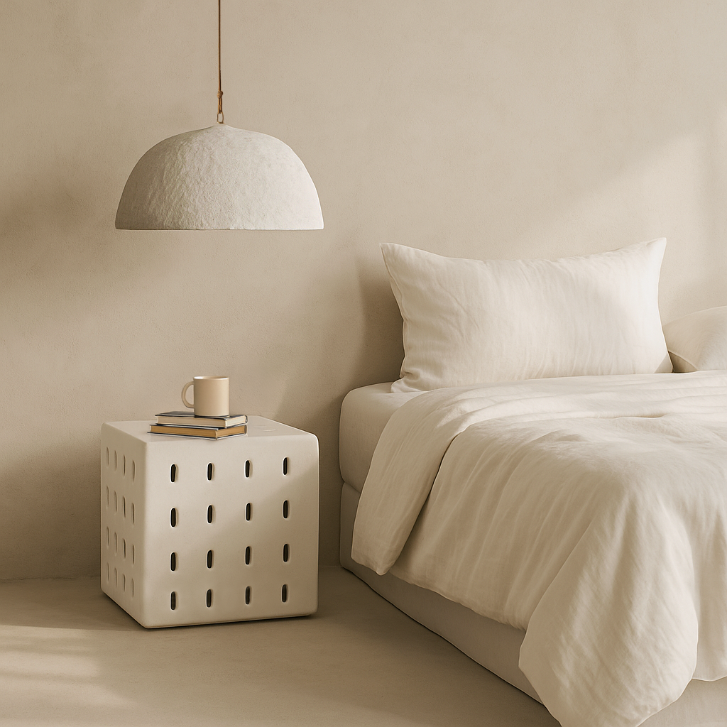 KULALA Living Lindiwhe Pendant light and Niche Side Table styled in a soft neutral bedroom with minimal furnishings and layered natural textures