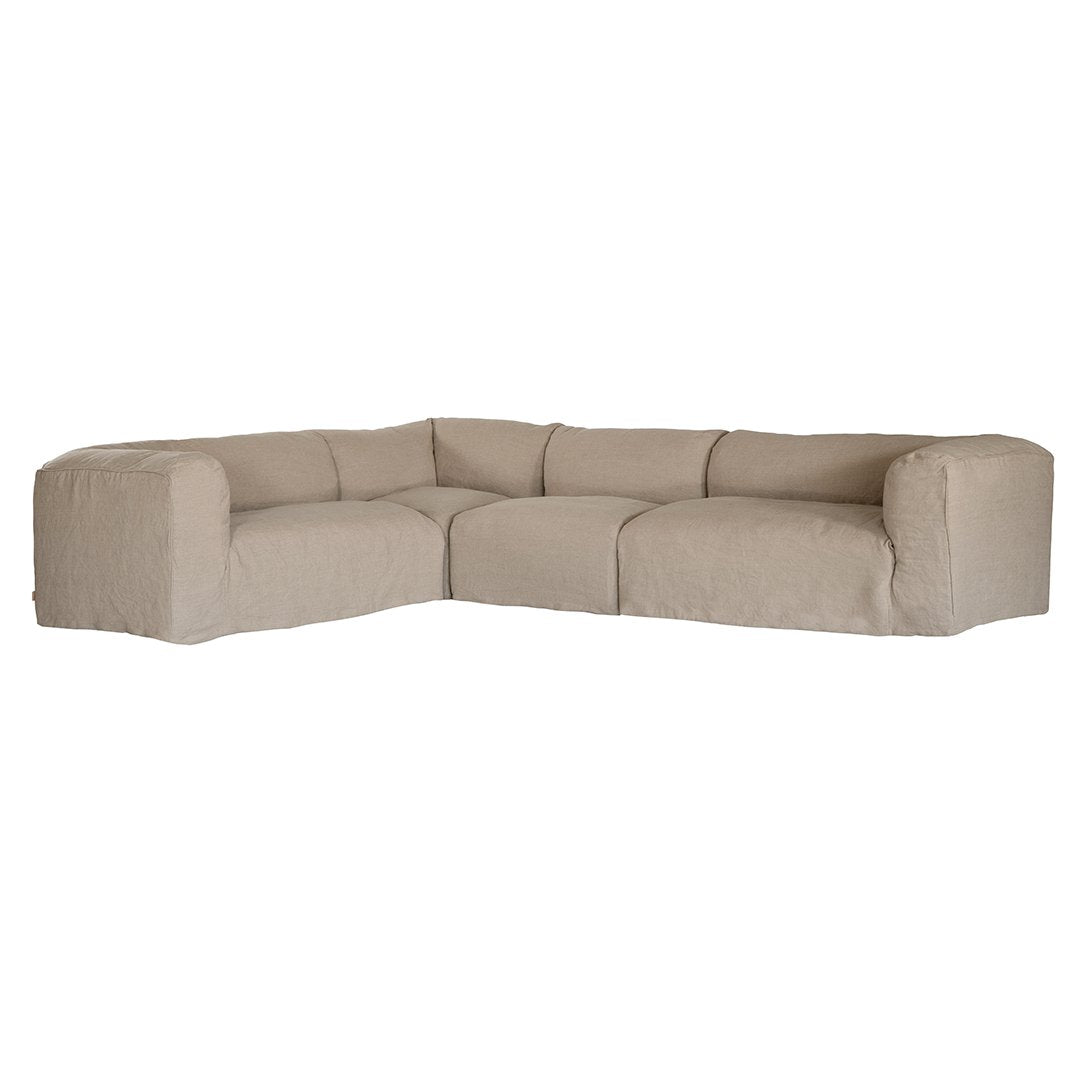 Natural linen modular sofa with plush upholstery, offering a relaxed and comfortable seating option for modern living spaces