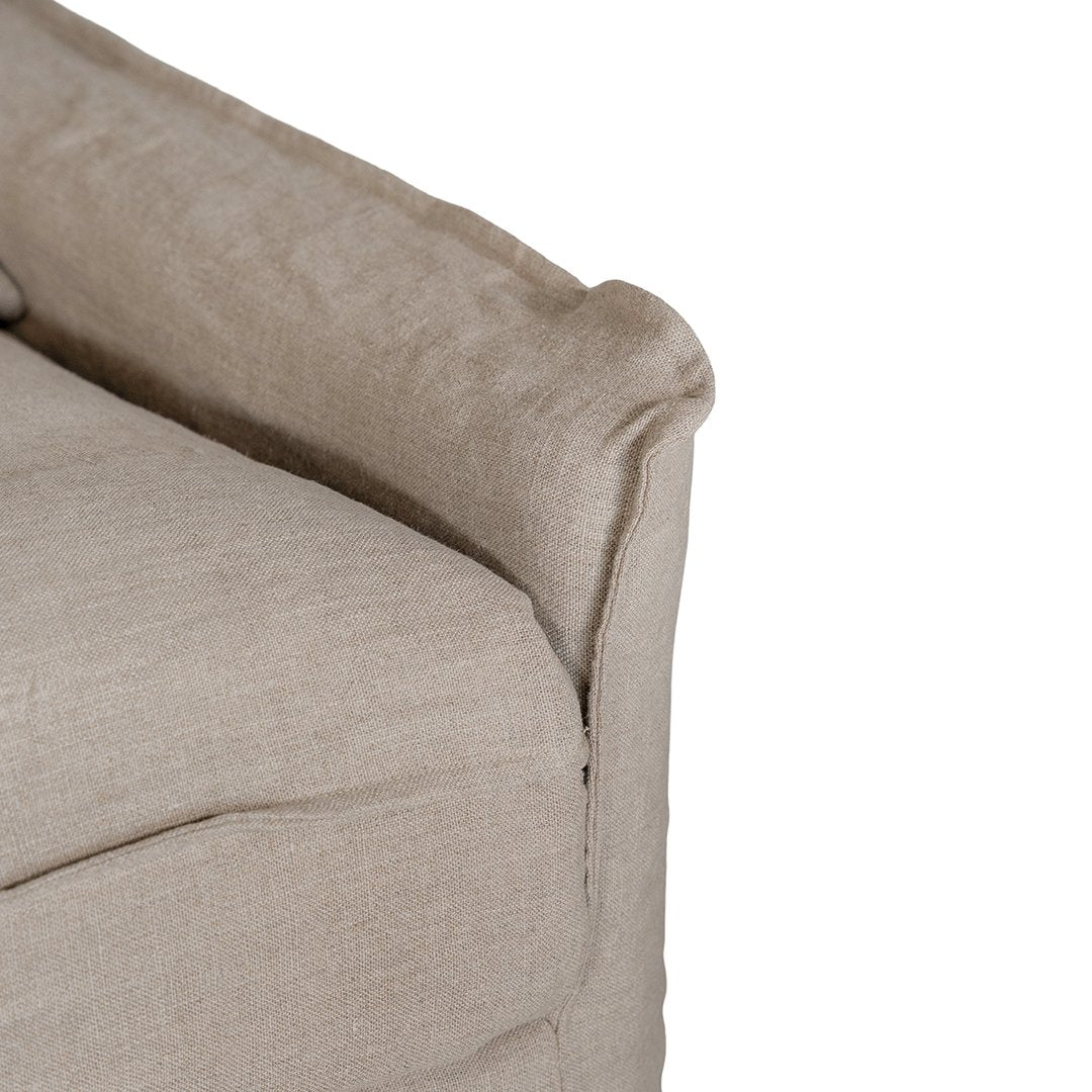 Natural linen one seater sofa with plush cushions, featuring a relaxed and stylish design for effortless comfort