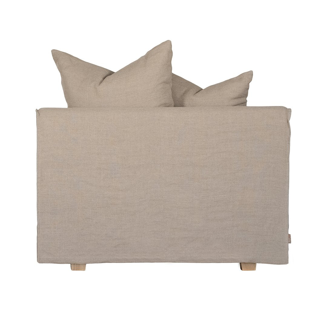 Natural linen one seater sofa with plush cushions, featuring a relaxed and stylish design for effortless comfort