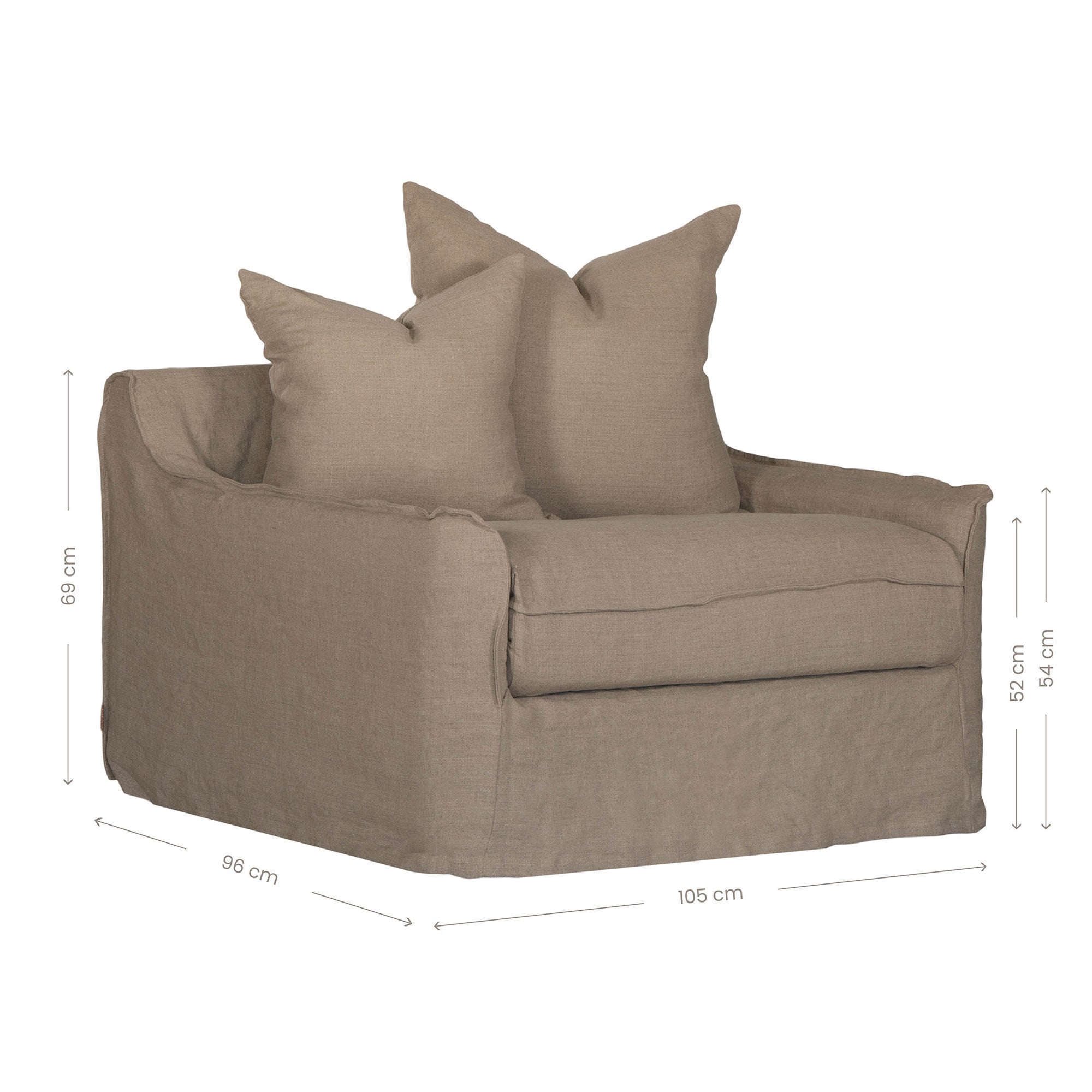 Natural linen one seater sofa with plush cushions, featuring a relaxed and stylish design for effortless comfort