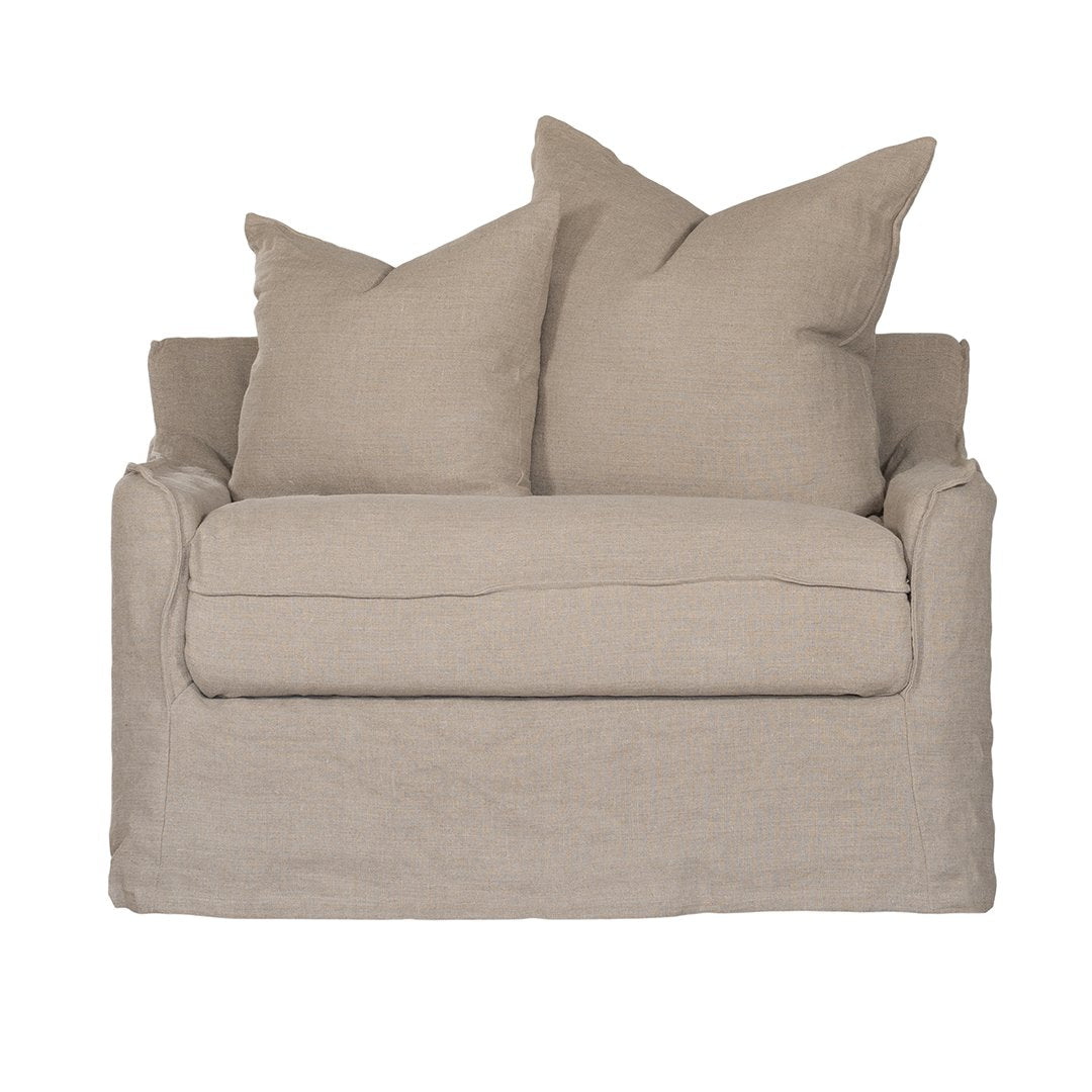 Natural linen one seater sofa with plush cushions, featuring a relaxed and stylish design for effortless comfort