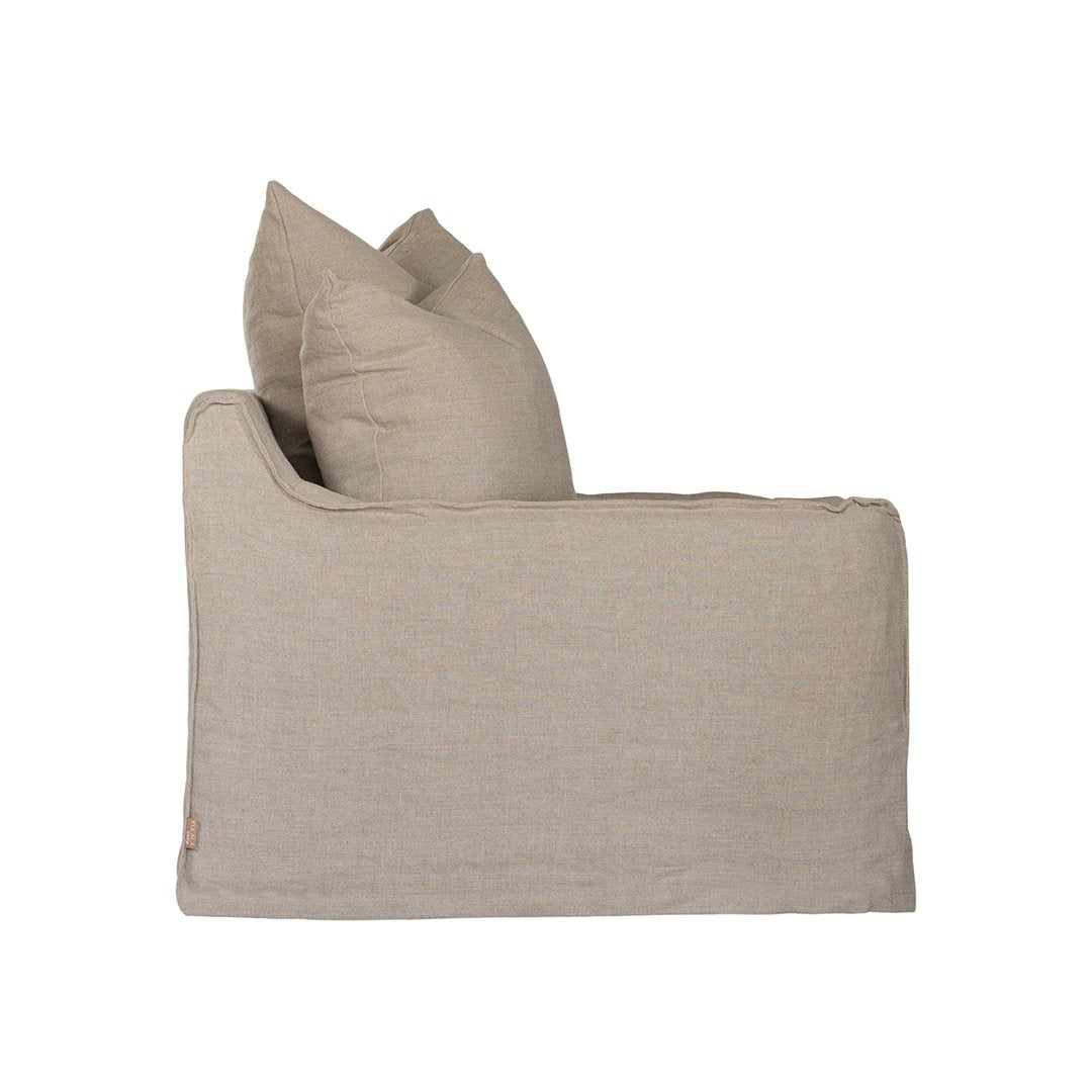 Natural linen one seater sofa with plush cushions, featuring a relaxed and stylish design for effortless comfort