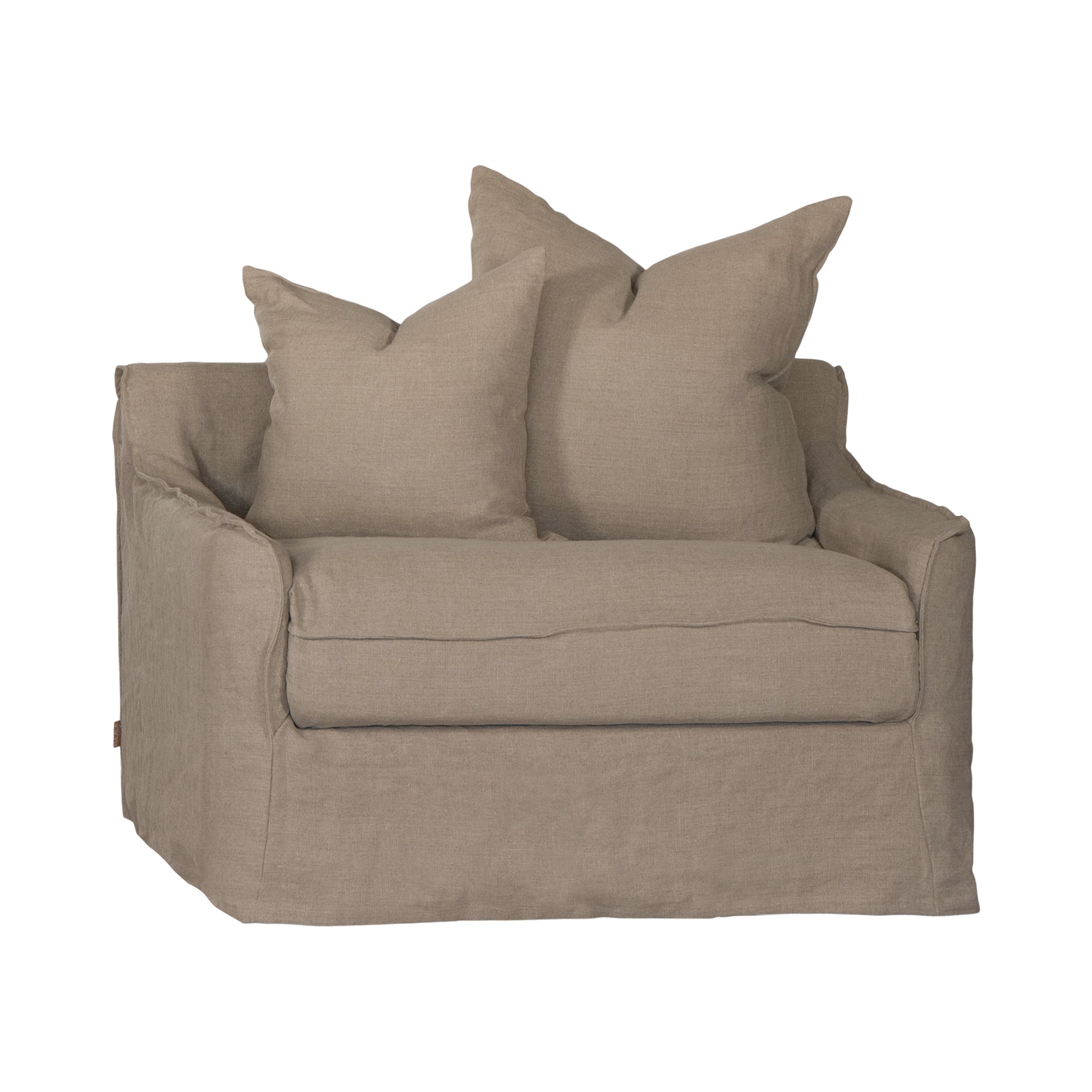 Natural linen one seater sofa with plush cushions, featuring a relaxed and stylish design for effortless comfort