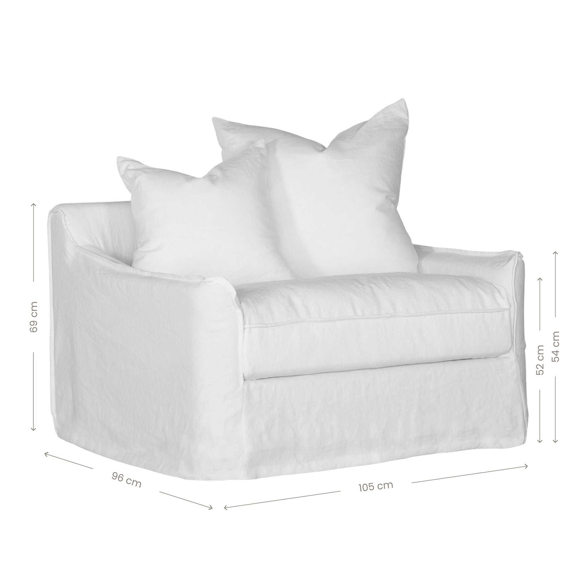 White linen one seater sofa with plush cushions, featuring a relaxed and stylish design for effortless comfort