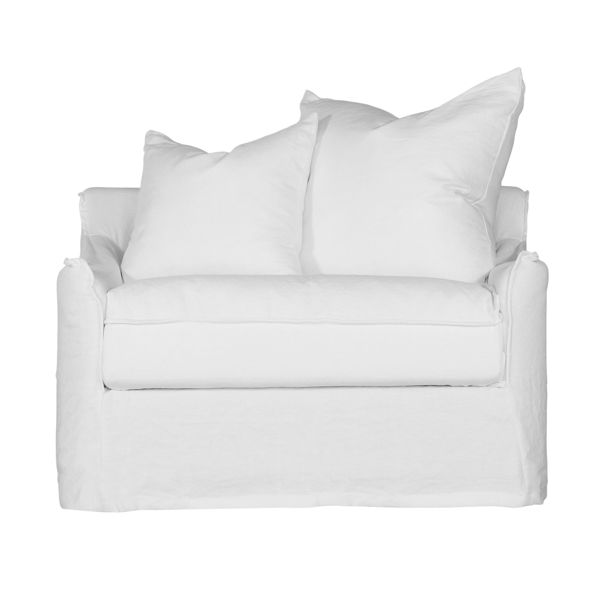 White linen one seater sofa with plush cushions, featuring a relaxed and stylish design for effortless comfort