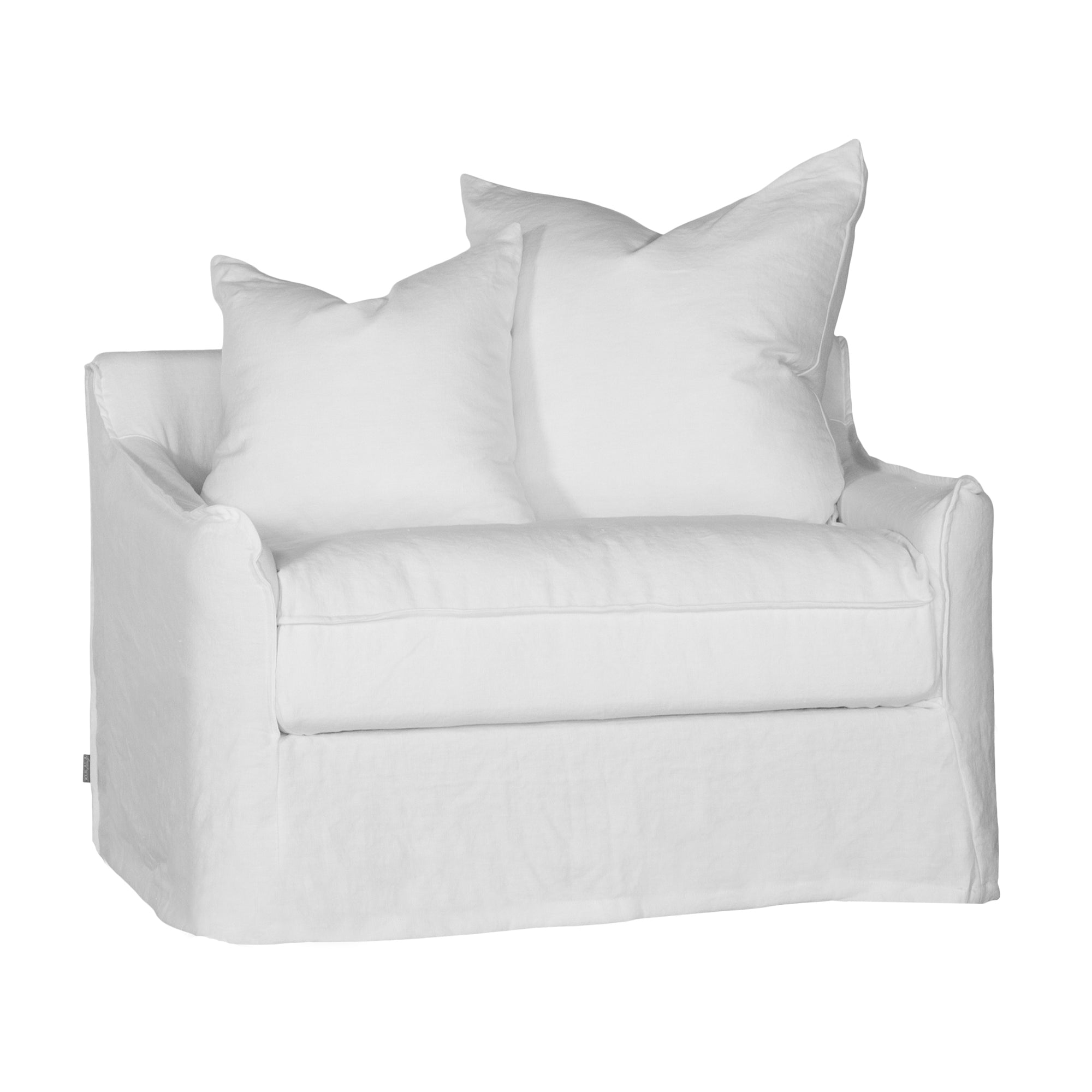 White linen one seater sofa with plush cushions, featuring a relaxed and stylish design for effortless comfort
