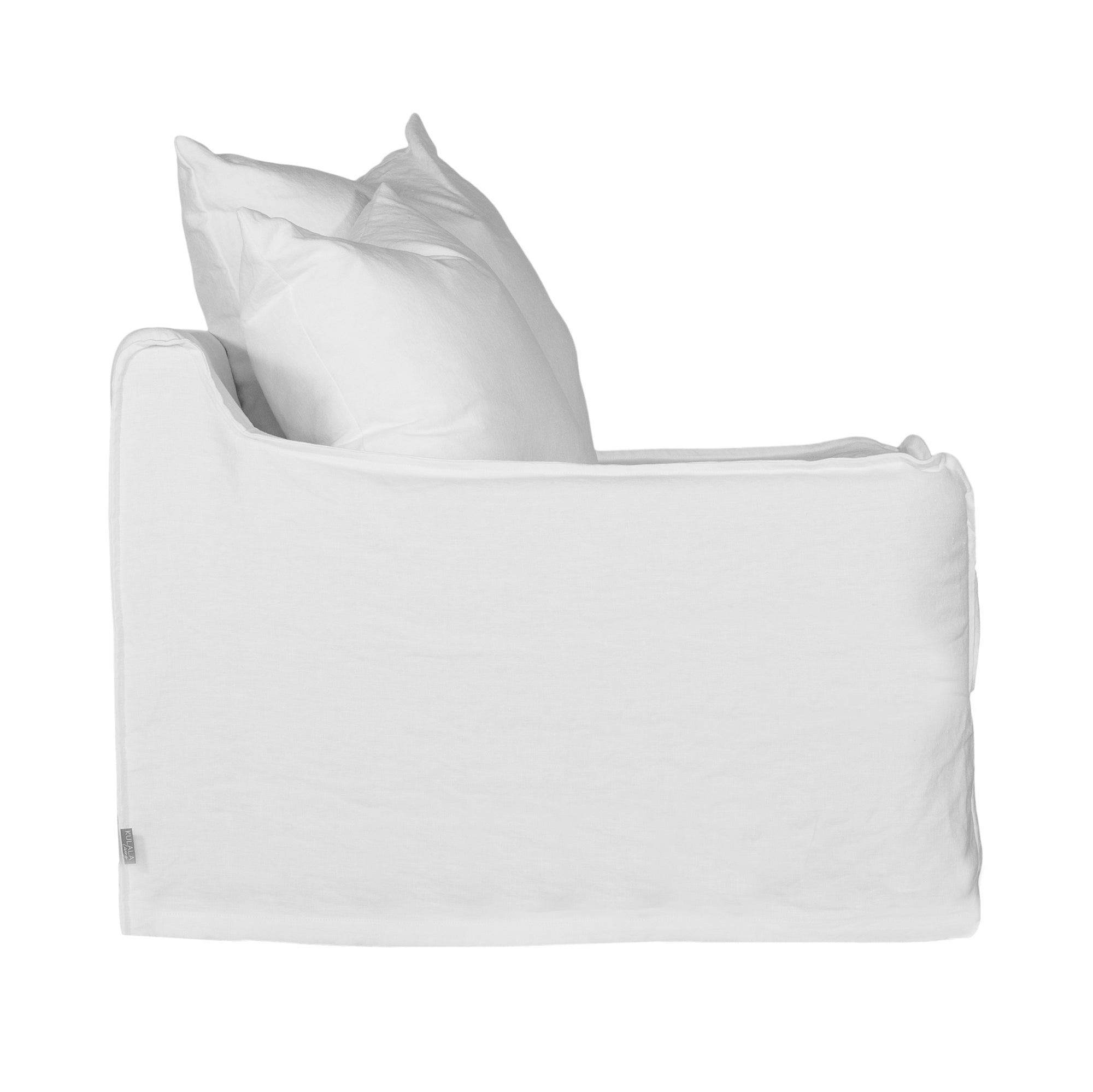 White linen one seater sofa with plush cushions, featuring a relaxed and stylish design for effortless comfort
