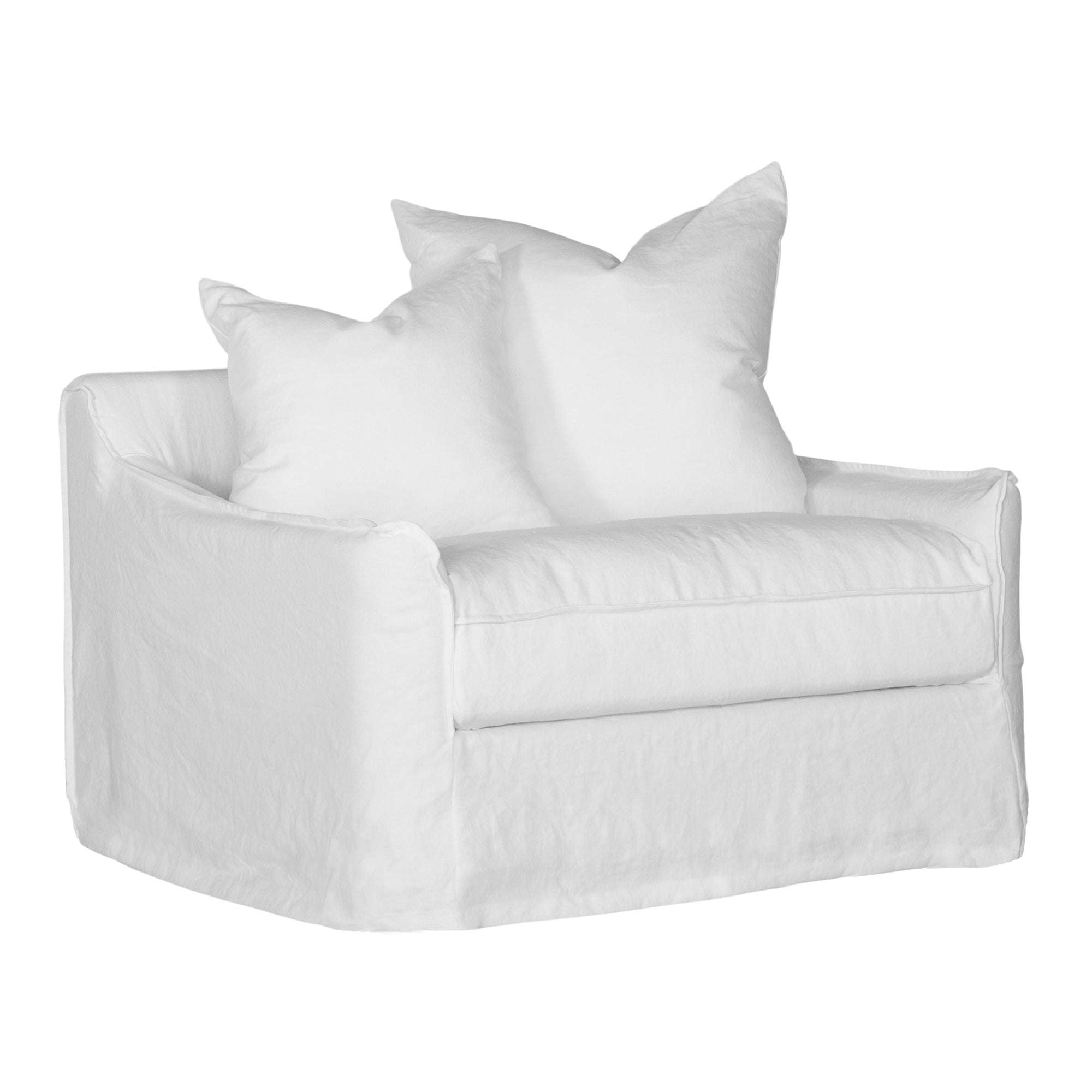 White linen one seater sofa with plush cushions, featuring a relaxed and stylish design for effortless comfort
