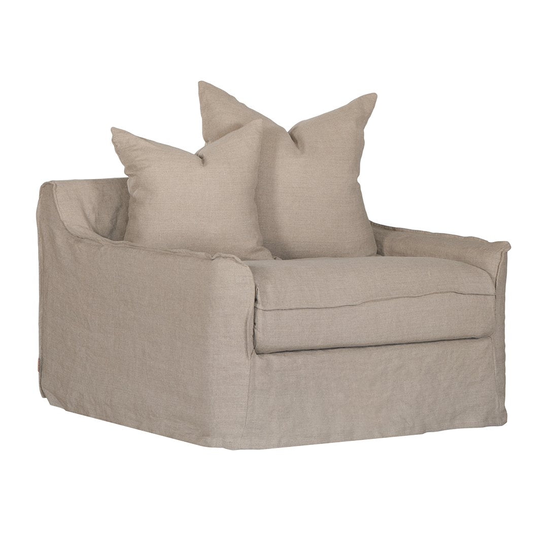 Natural linen one seater sofa with plush cushions, featuring a relaxed and stylish design for effortless comfort