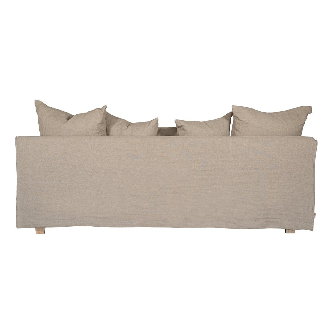 Natural linen three seater sofa with plush cushions, featuring a relaxed and stylish design for effortless comfort