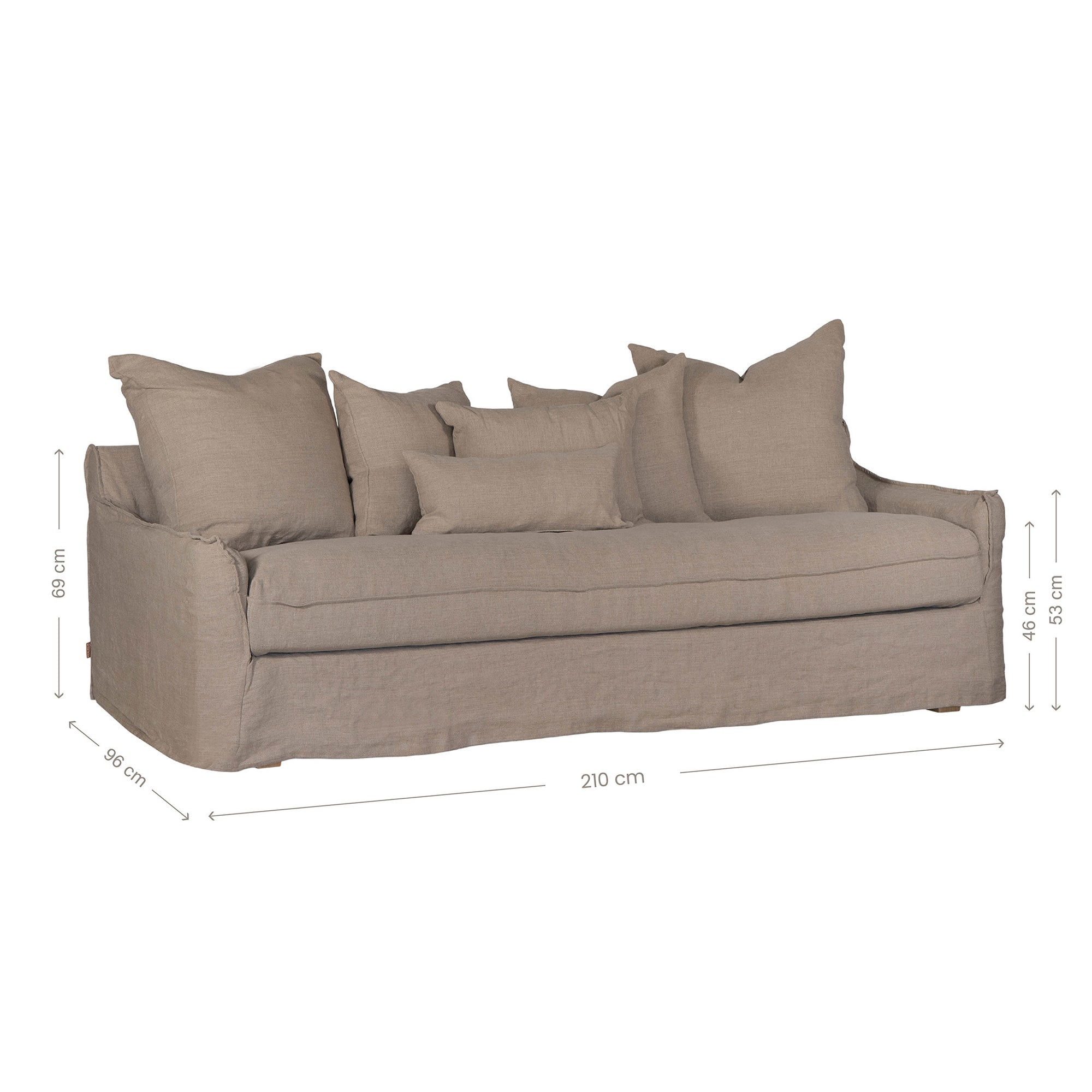 Natural linen three seater sofa with plush cushions, featuring a relaxed and stylish design for effortless comfort
