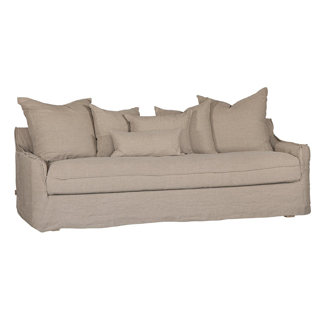 Natural linen three seater sofa with plush cushions, featuring a relaxed and stylish design for effortless comfort