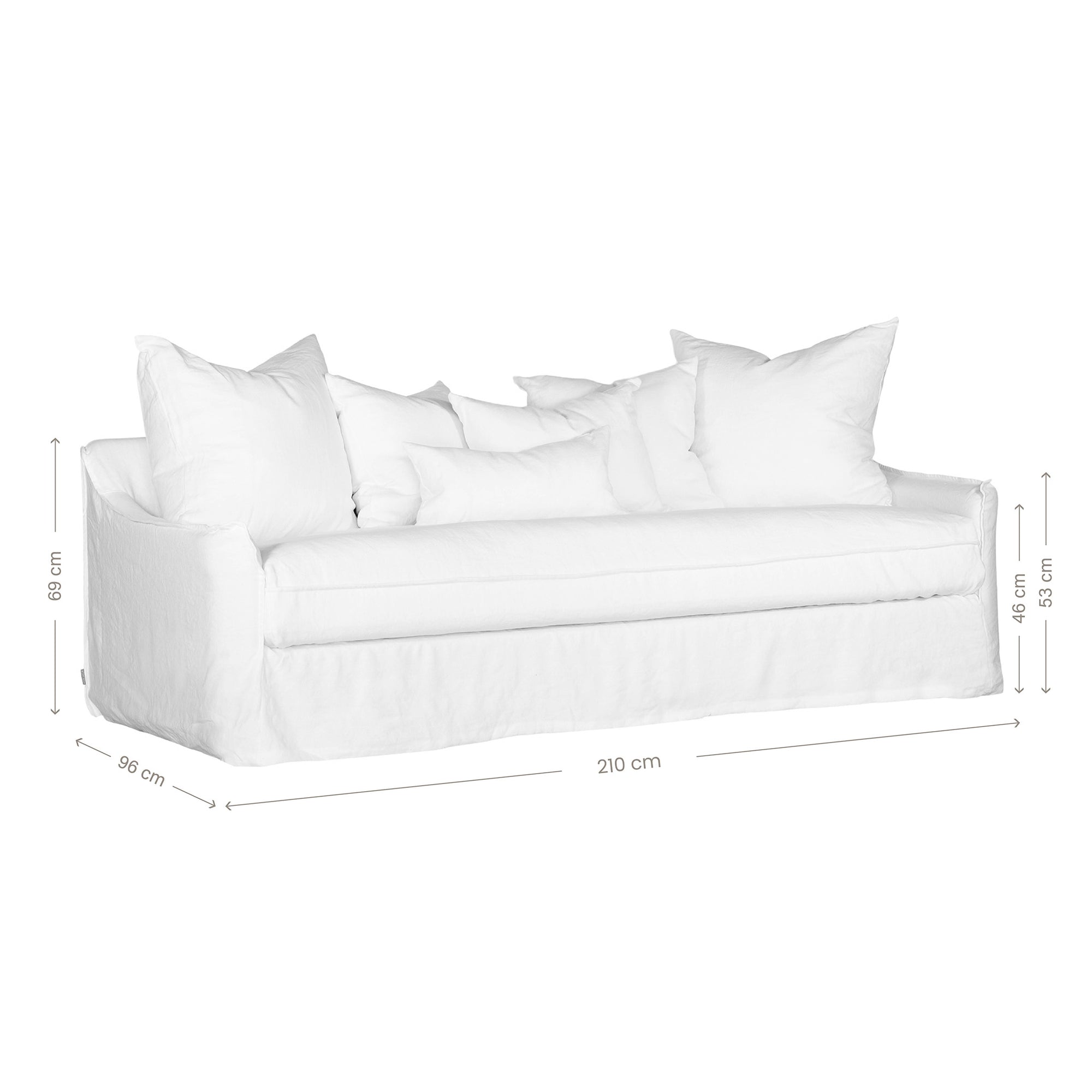 White linen three seater sofa with plush cushions, featuring a relaxed and stylish design for effortless comfort