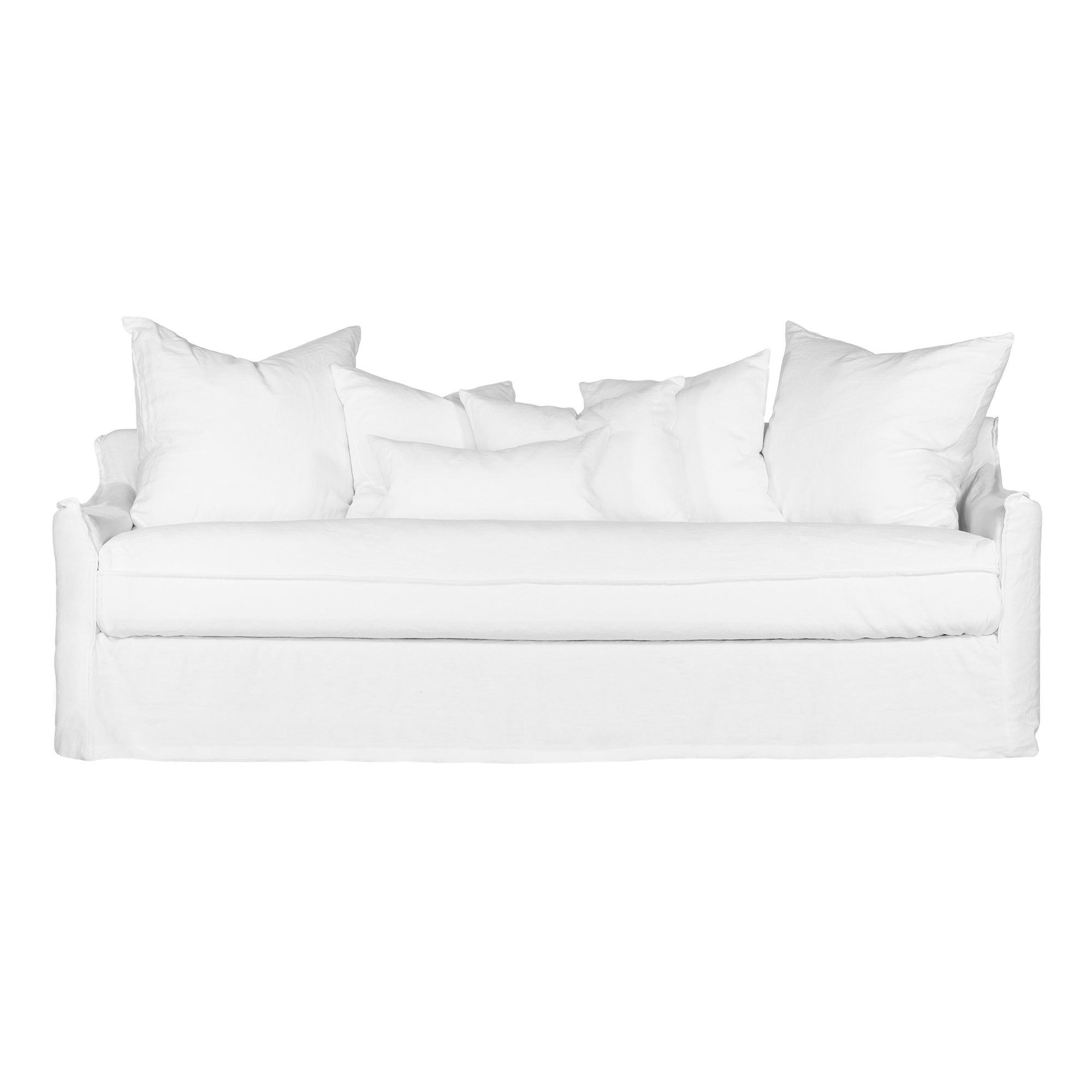 White linen three seater sofa with plush cushions, featuring a relaxed and stylish design for effortless comfort