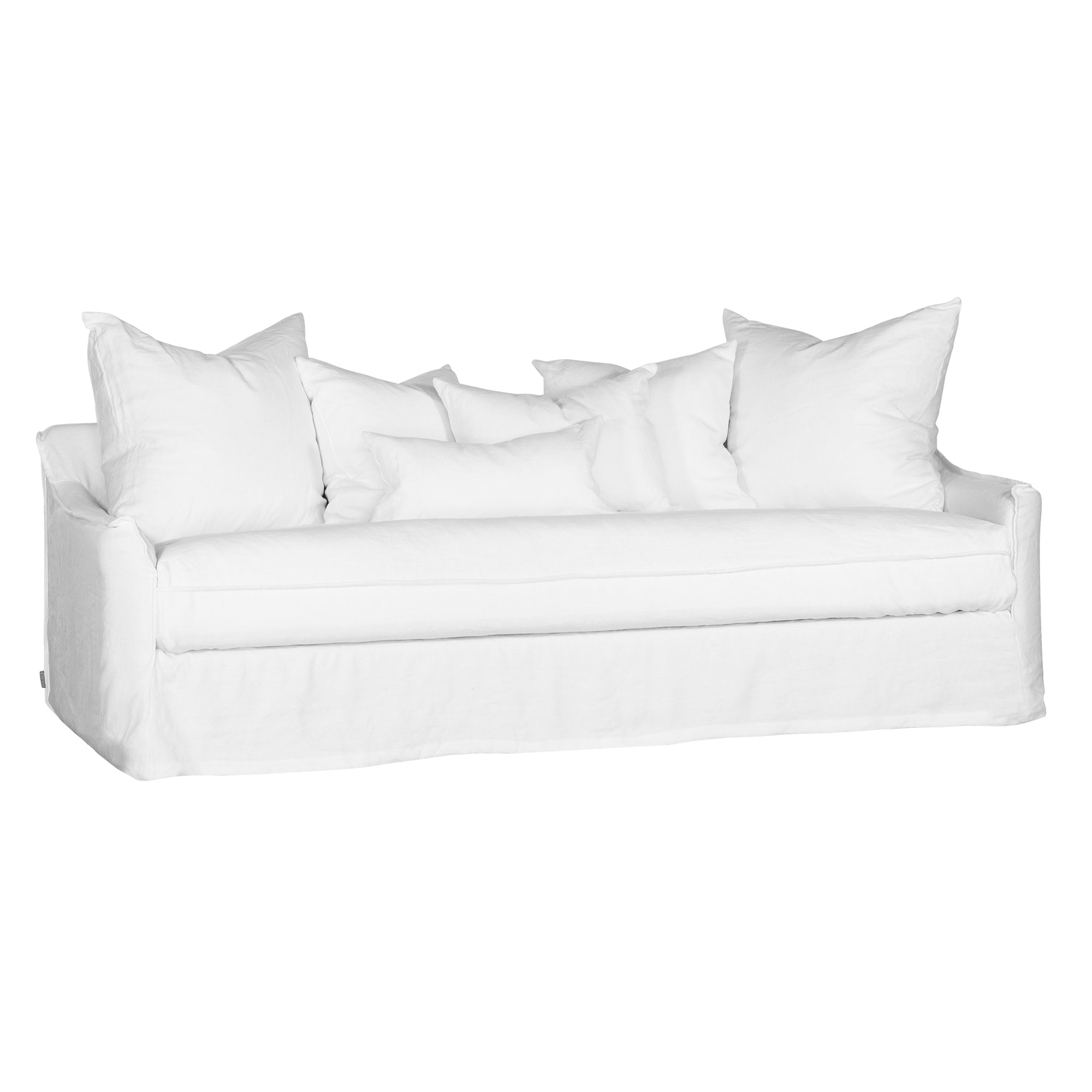 White linen three seater sofa with plush cushions, featuring a relaxed and stylish design for effortless comfort