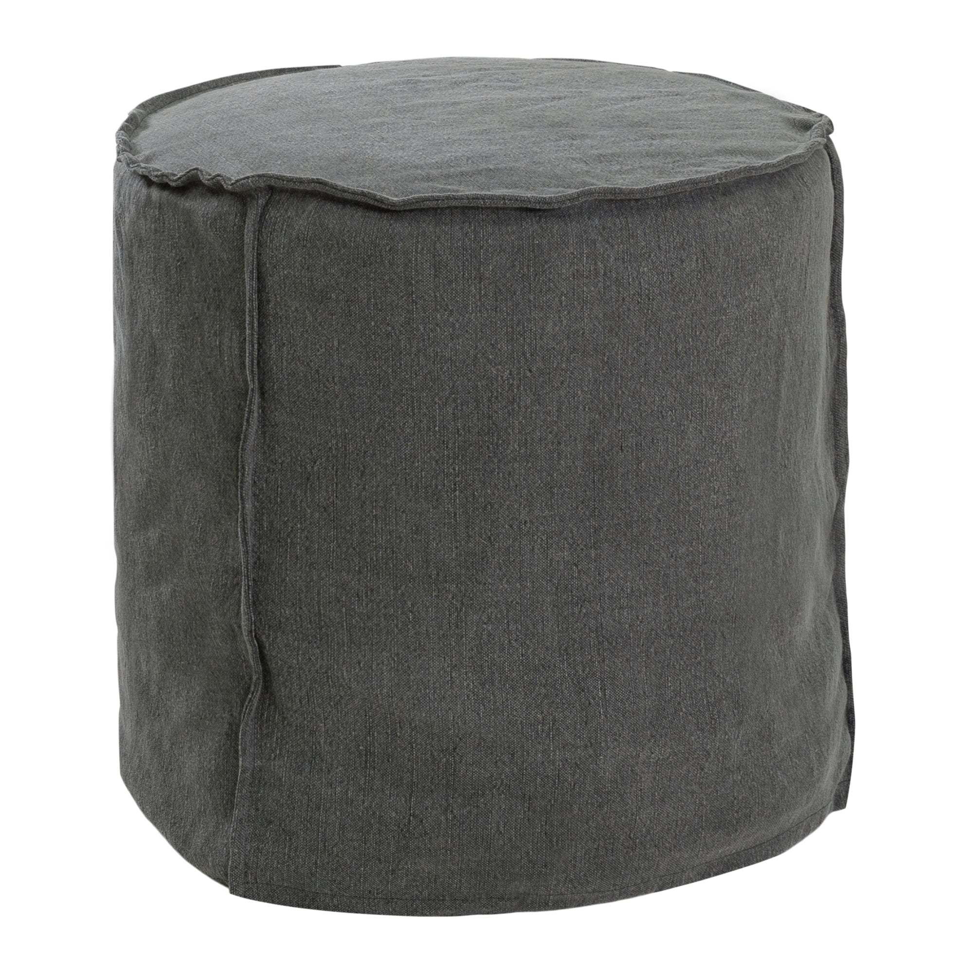 A linen slipcover pouf with a soft, rounded silhouette. This versatile upholstered ottoman offers a relaxed, natural aesthetic, perfect for adding extra seating or a stylish accent to any space.