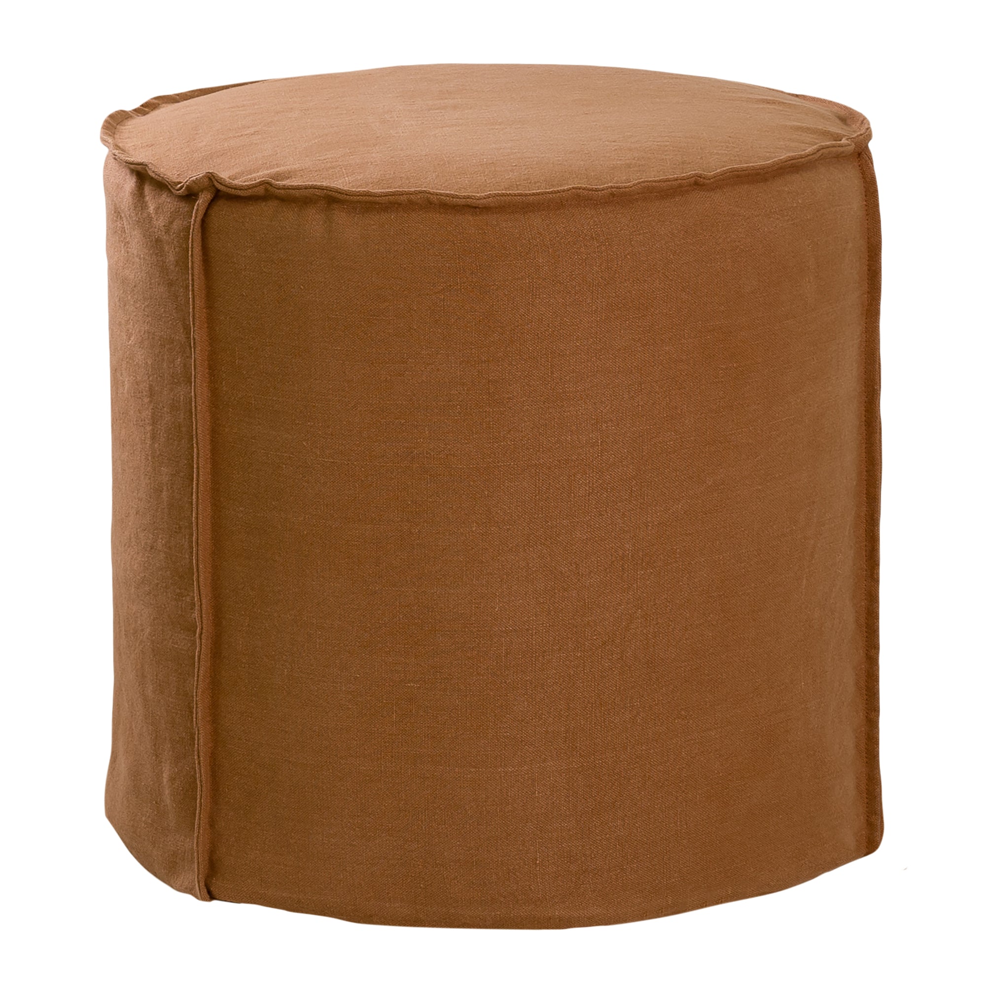 A linen slipcover pouf with a soft, rounded silhouette. This versatile upholstered ottoman offers a relaxed, natural aesthetic, perfect for adding extra seating or a stylish accent to any space.