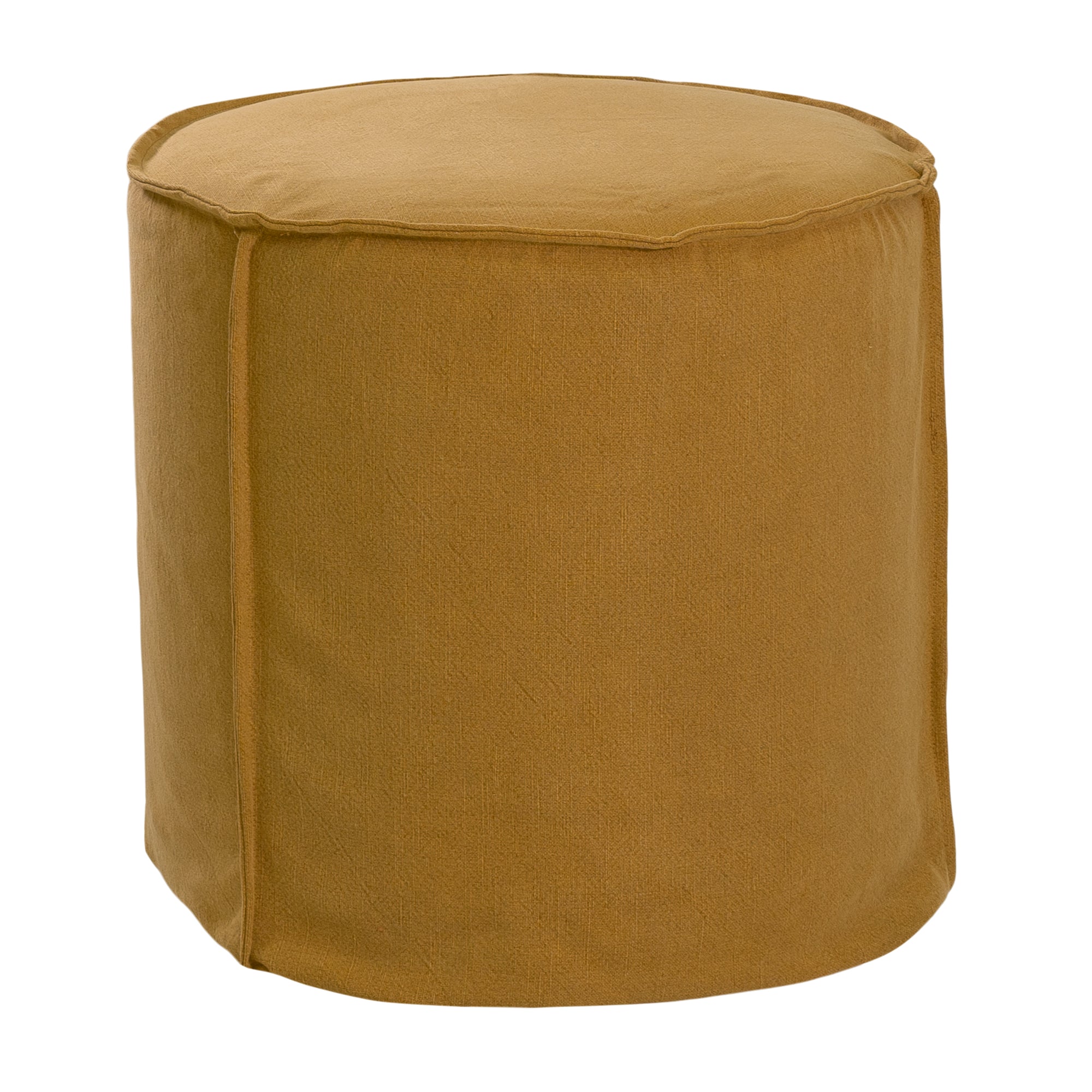 A linen slipcover pouf with a soft, rounded silhouette. This versatile upholstered ottoman offers a relaxed, natural aesthetic, perfect for adding extra seating or a stylish accent to any space.