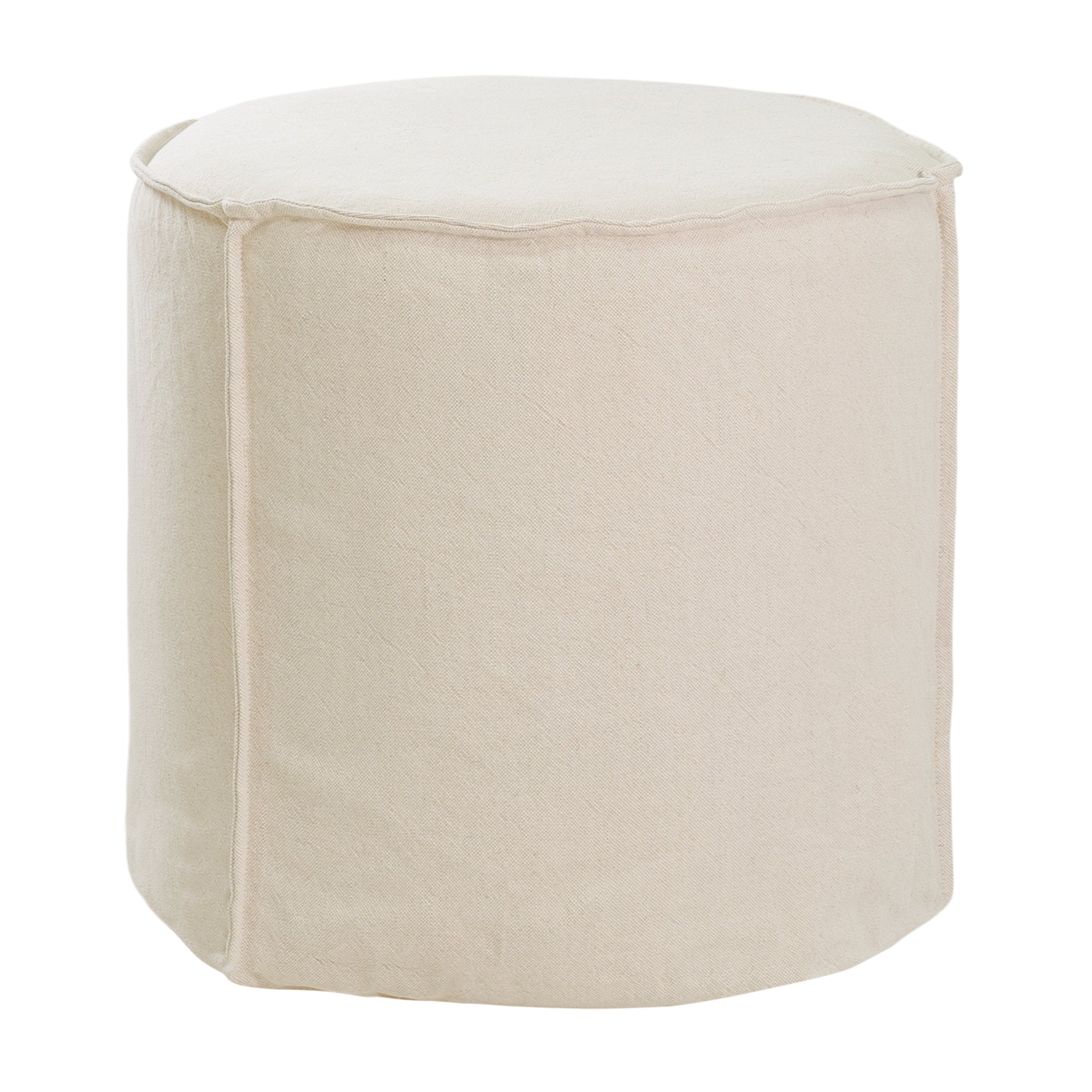 A linen slipcover pouf with a soft, rounded silhouette. This versatile upholstered ottoman offers a relaxed, natural aesthetic, perfect for adding extra seating or a stylish accent to any space.